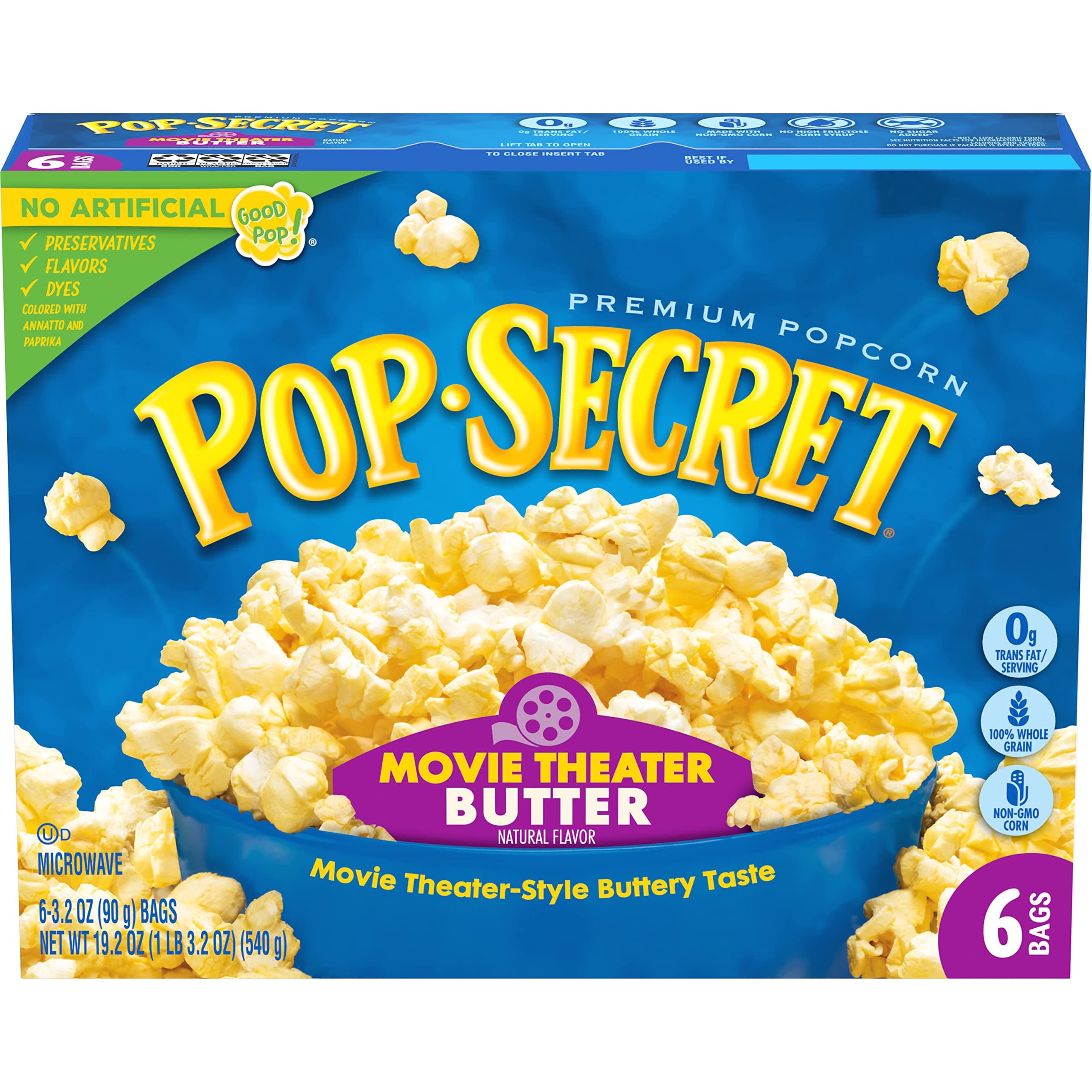Microwave Popcorn, Movie Theater Butter Flavor, 3.2 Oz Sharing Bags, 6 Ct