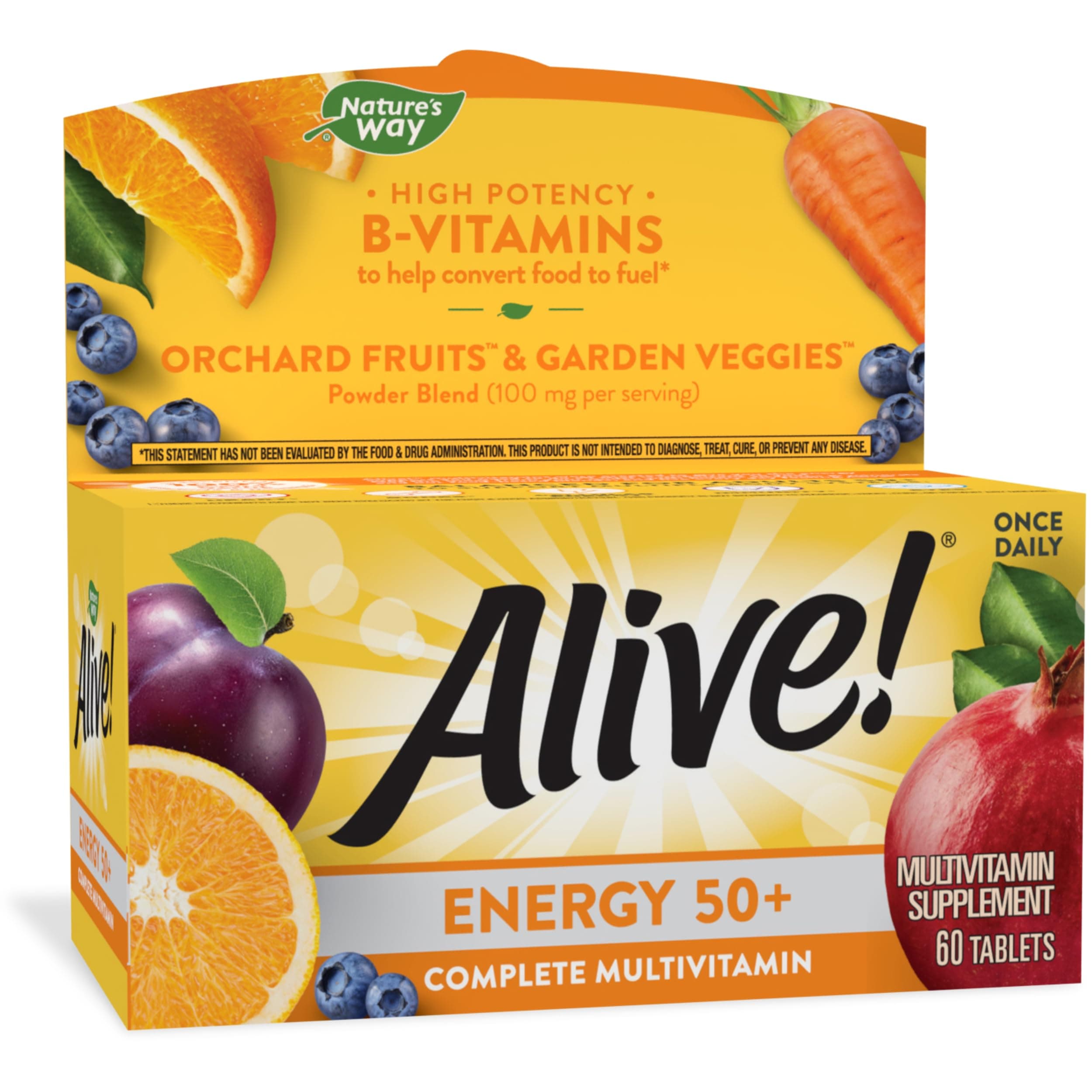 Nature’s Way Alive! Adults 50+ Complete Multivitamin, Supports Multiple Body Systems, Supports Cellular Energy, High Potency B-Vitamins, Gluten-Free, 60 Tablets