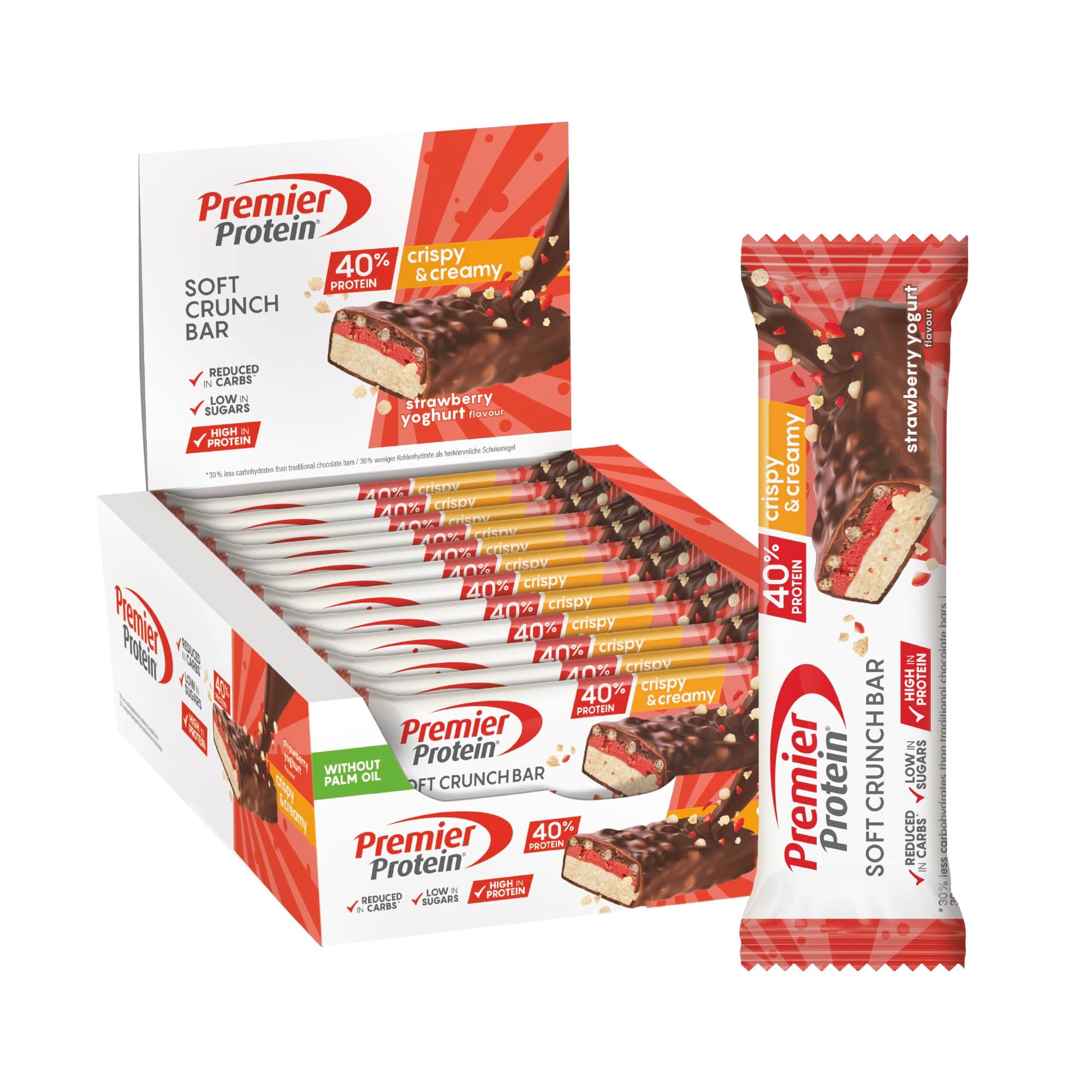 Premier Protein - Soft Crunch Bar 40 percent - Strawberry Yoghurt - 12x40g - Low Sugar - Low Carb - High Protein Bar - Palm Oil Free