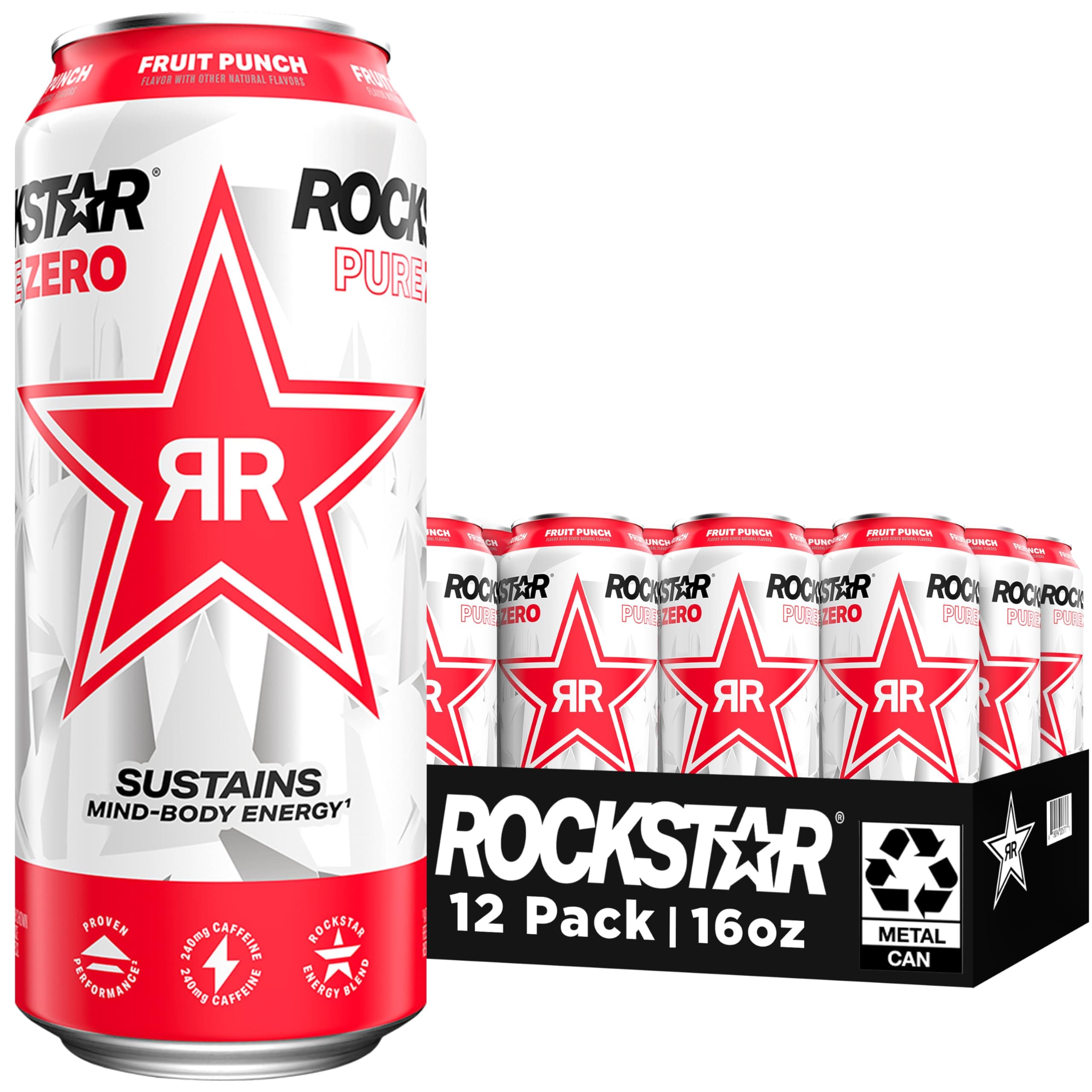Rockstar Pure Zero Energy Drink, Fruit Punch, 0 Sugar, with Caffeine and Taurine, 16oz Cans (12 Pack) (Packaging May Vary)