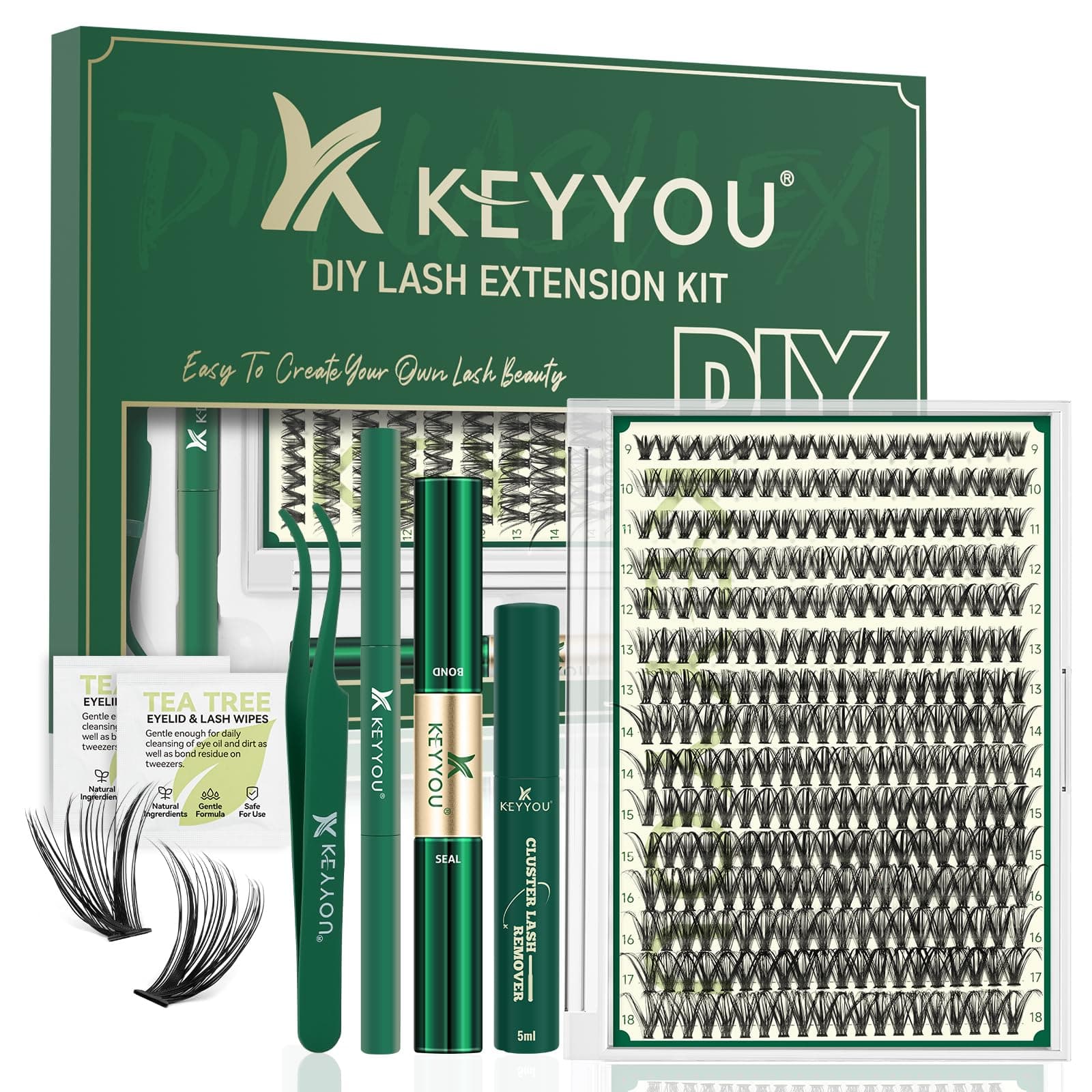 KEYYOULash Extension Kit DIY 300Pcs Lash Clusters Eyelash Extension Kit 40D 0.07 D Curl 9-18MIX Lash Clusters Kit with Lash Glue Remover Applicator Easy to Use for Beginners(Kit,40D-D,9-18MIX)