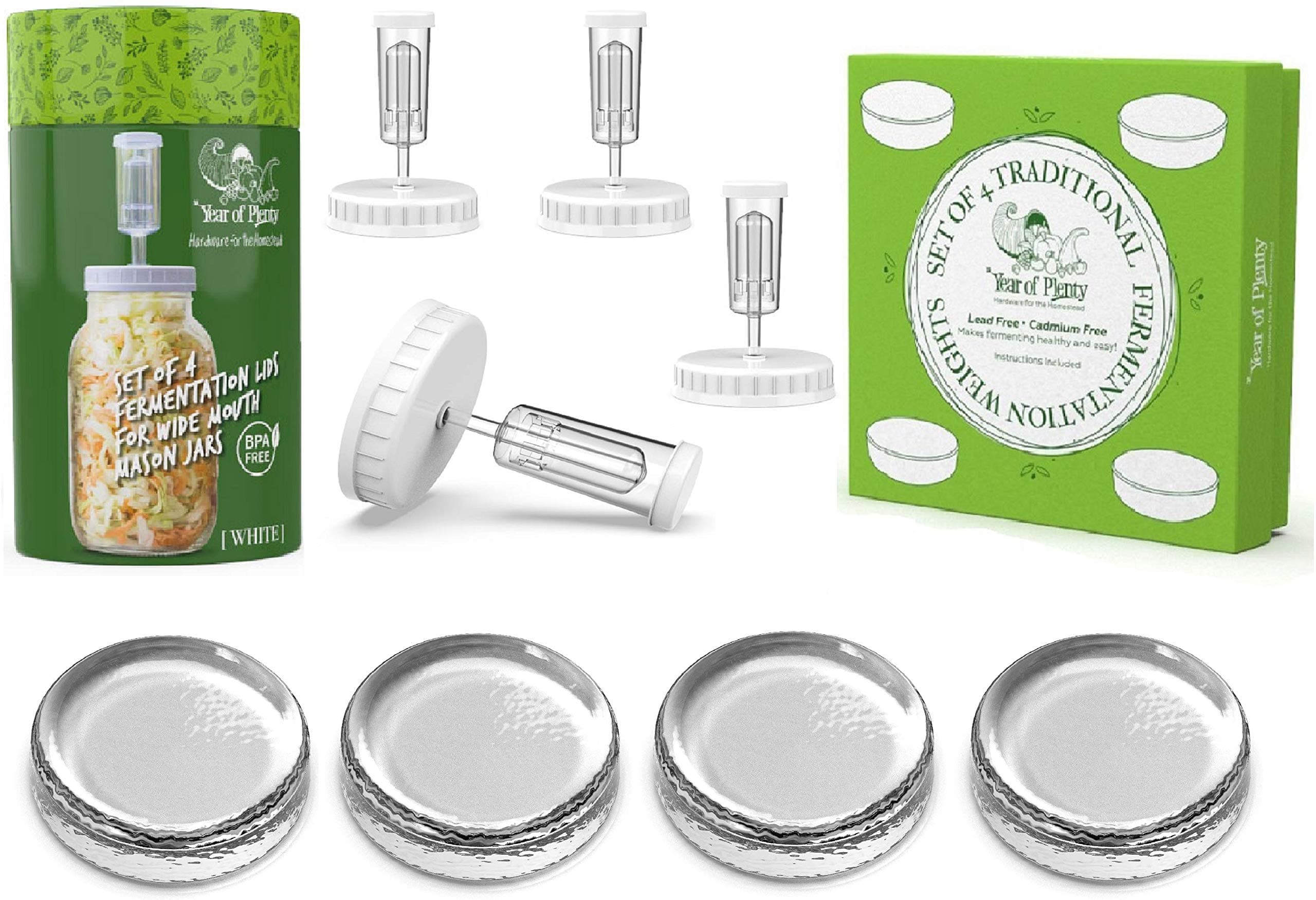 Year of Plenty Fermenting Kit - Set Of 4 Fermentation Weights And 4 White Airlock Lids For Making Sauerkraut In Wide Mouth Mason Jars (White)