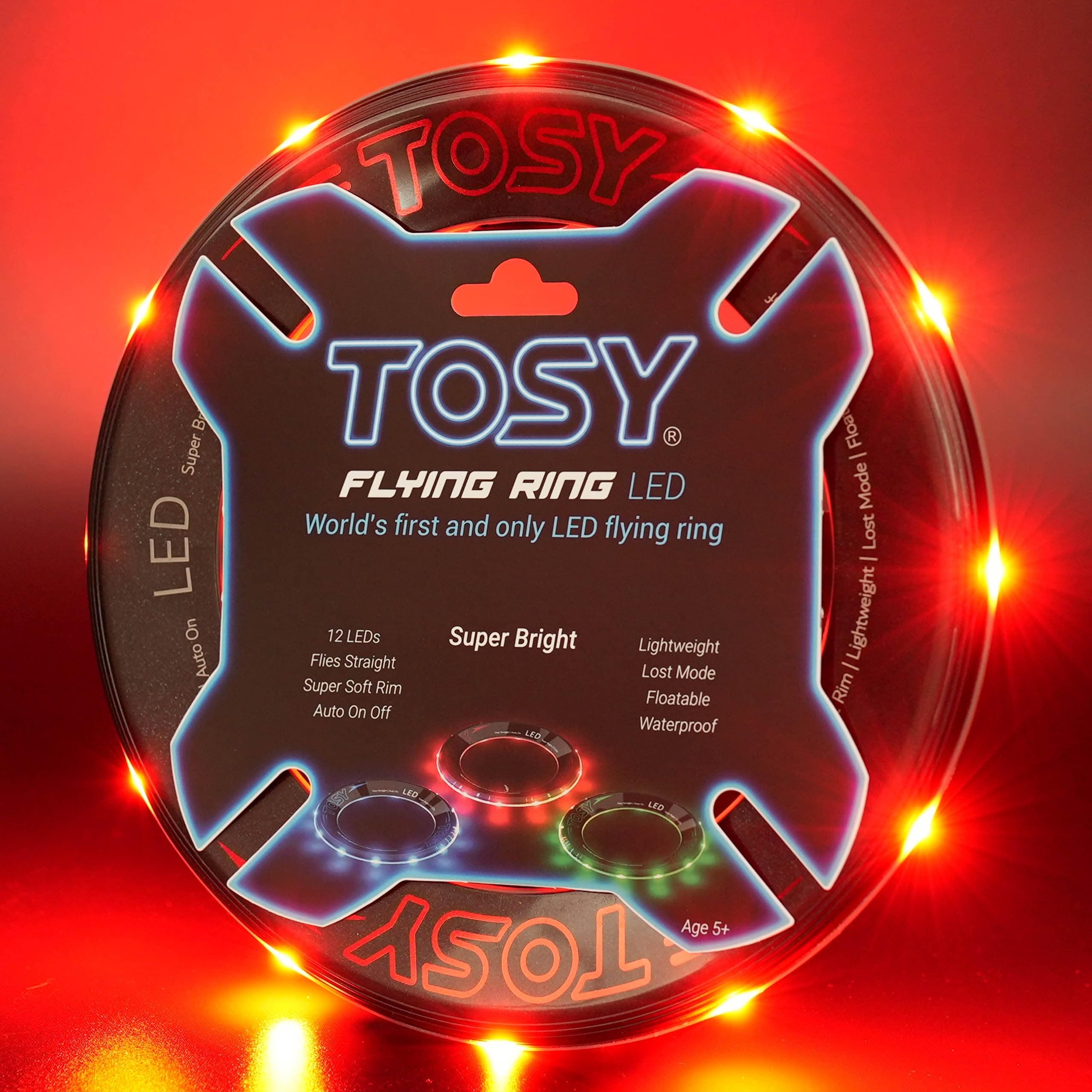 TOSY Flying Ring - 12 Monocolor LEDs, Super Bright, Lost Mode, Auto Light Up, Christmas Stocking Stuffers Gift for Kid/Teen/Boy/Girl, Safe, Waterproof, Pool/Beach/Camping Toy (Red)