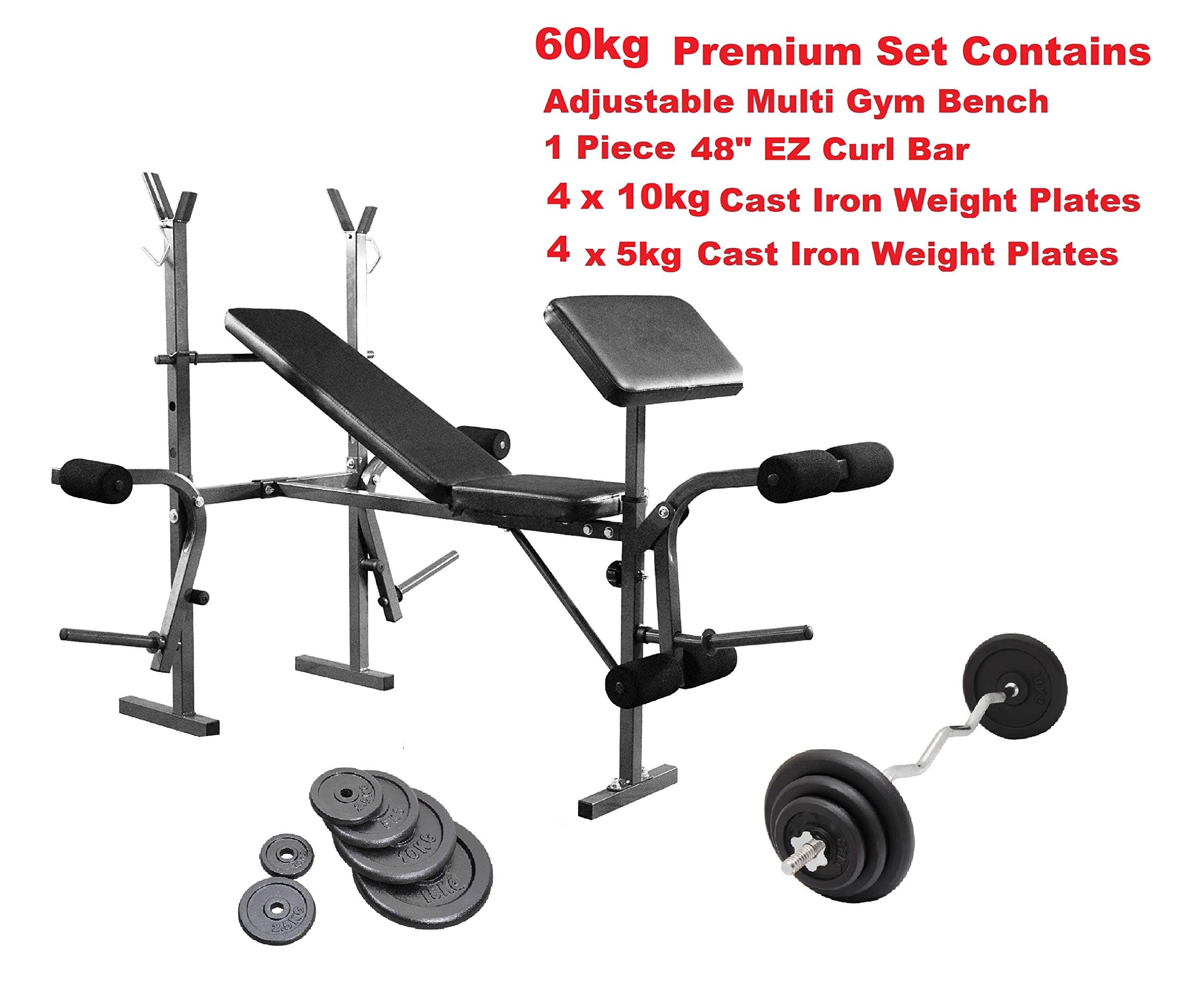 UK Fitness Weight Training Bench Set 60kg Multi Gym Set Weight Plates+ Press & Curl Bar