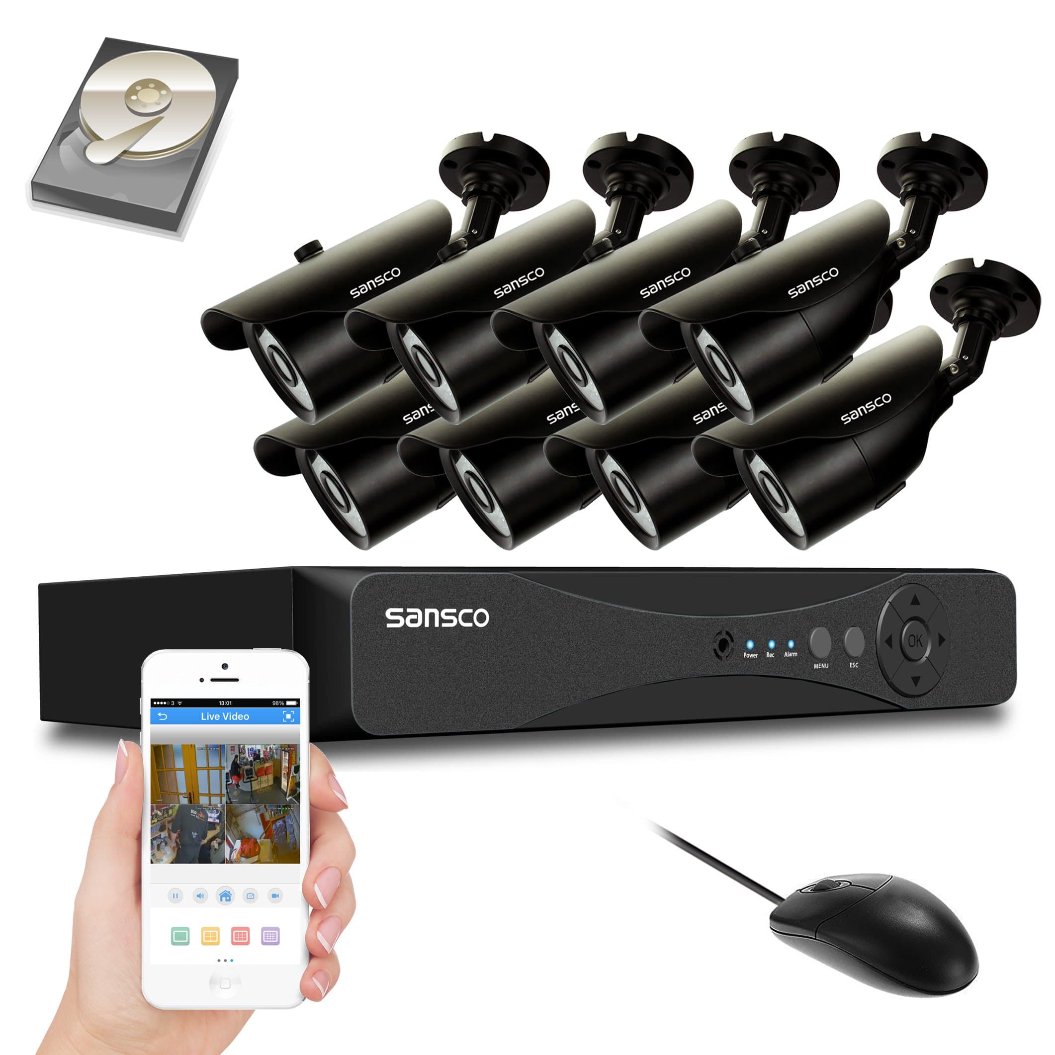 SANSCO 8 Channel 1080P CCTV DVR Recorder Camera System w/ 8x 2.0MP HD Outdoor Vandal-Proof Bullet Cam, Superb Night Vision, Waterproof Casing, P2P Remote Monitoring, HDMI Output, 2TB HDD Preinstalled