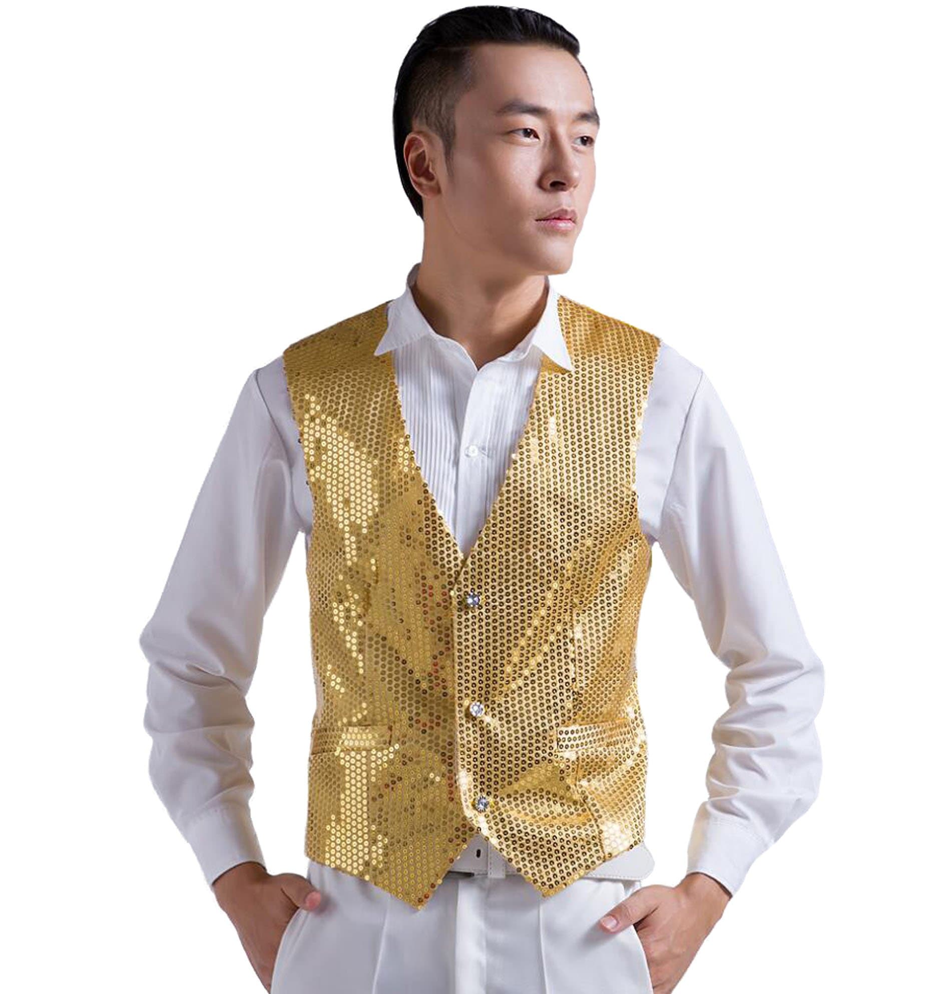 HAOYU Men's Stage Show Sequined Vest (L: Chest 39", Gold)