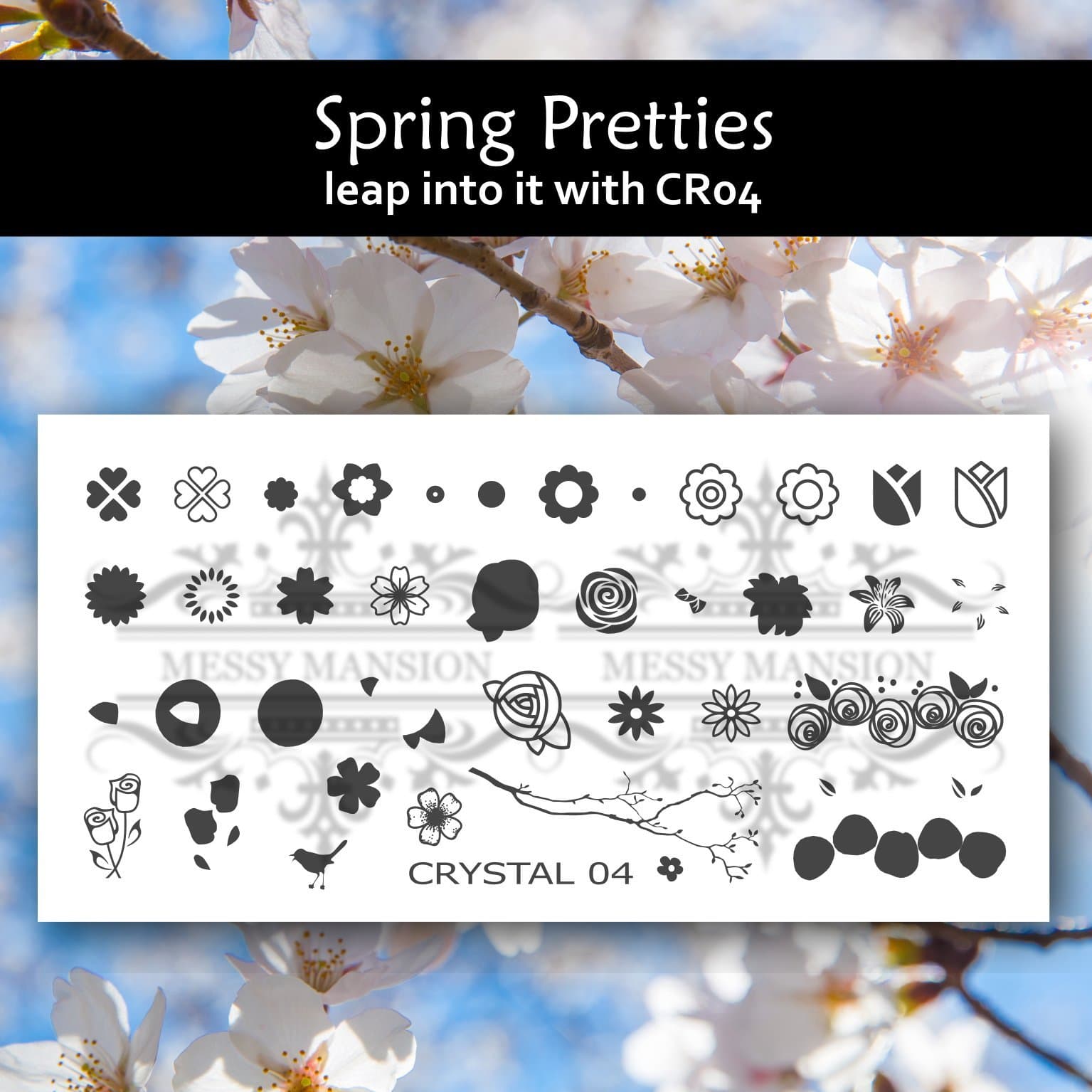 MESSY MANSION Crystal Spring Flowers and Roses CR04 Layering Nail Art Stamping Plate