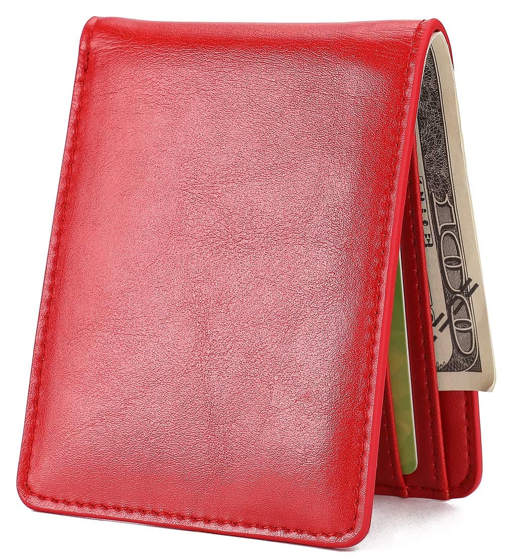 HISSIMOMens Slim Front Pocket Wallet ID Window Card Case with RFID Blocking - Red