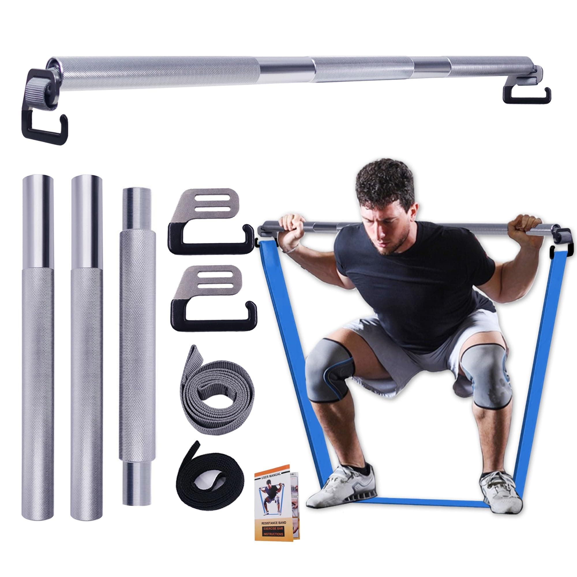 J Bryant Fitness Resistance Band Exercise Bar Large Hook 37.8" Length With Handles Heavy Duty Bar
