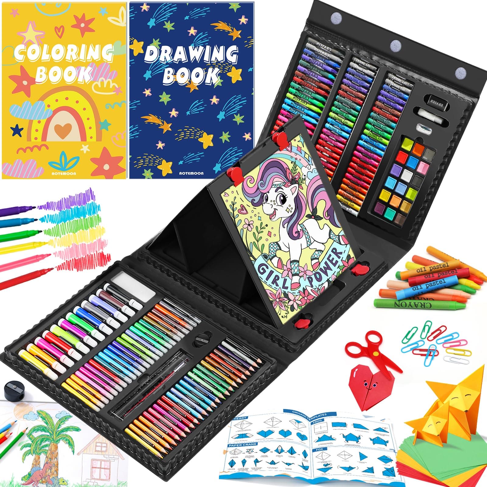 All in One Art Supplies, Art Kit Includes Easel, Origami Paper, Colored Pencils, Crayons, Drawing Book, Coloring Book, Watercolor Pens, Markers and Oil Pastels, Gifts for Girls Boys Teens, Black