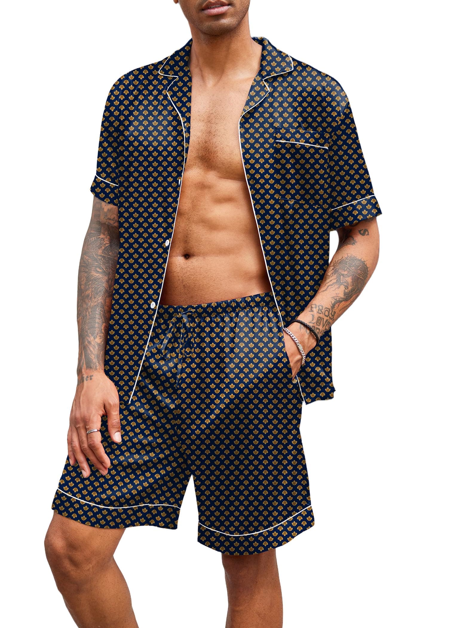 Mens Satin Pajamas Set Button-Down Short Sleeve Shirt Top Soft Silk Sleepwear Shorts with Pockets
