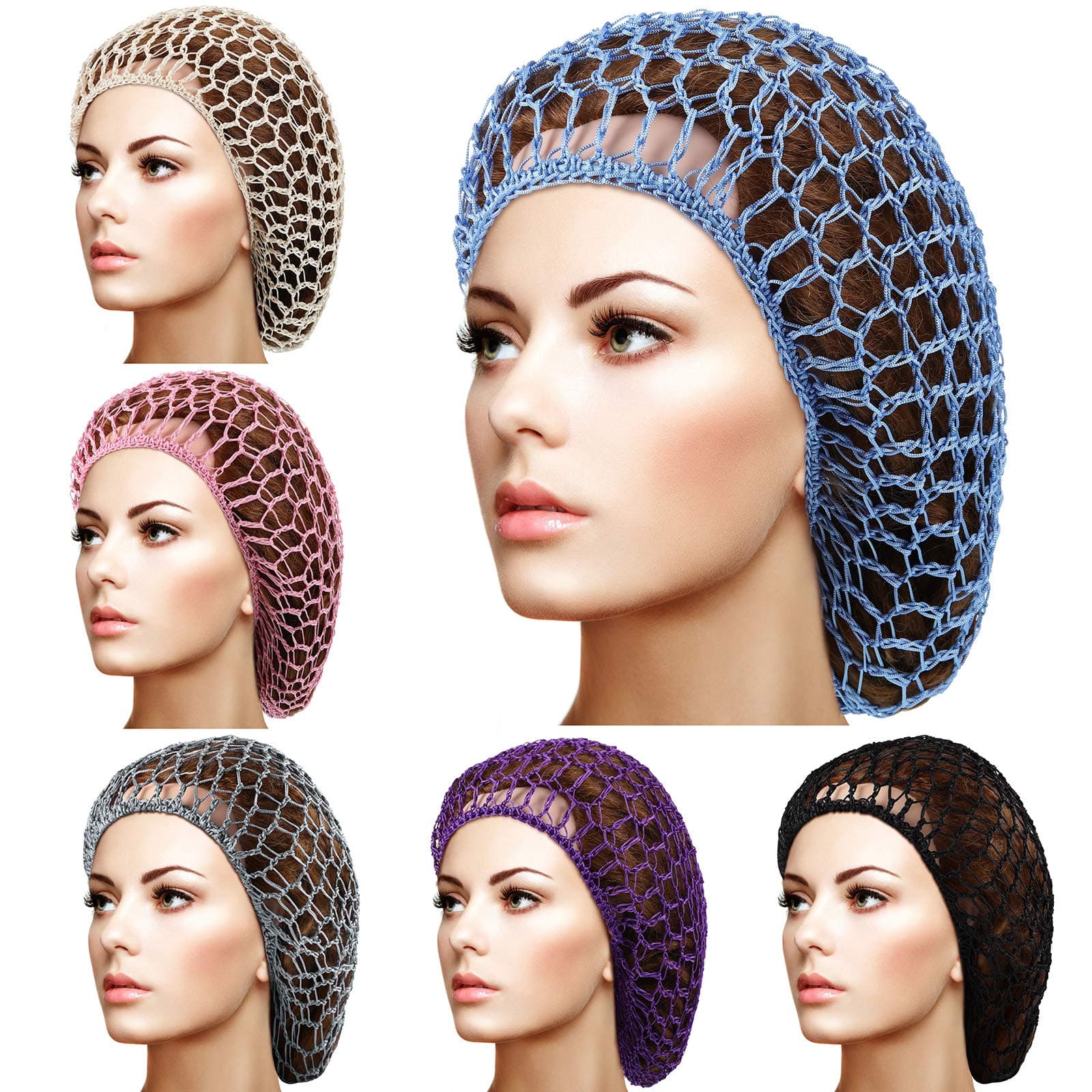 Geyoga 6 Pieces Hair Net Snoods for Women Sleeping Mesh Soft Rayon Knit Crochet Hairnet Long Short Curls Hair Cover Accessory (Black, Blue, Pink, Purple, Gray, Khaki)