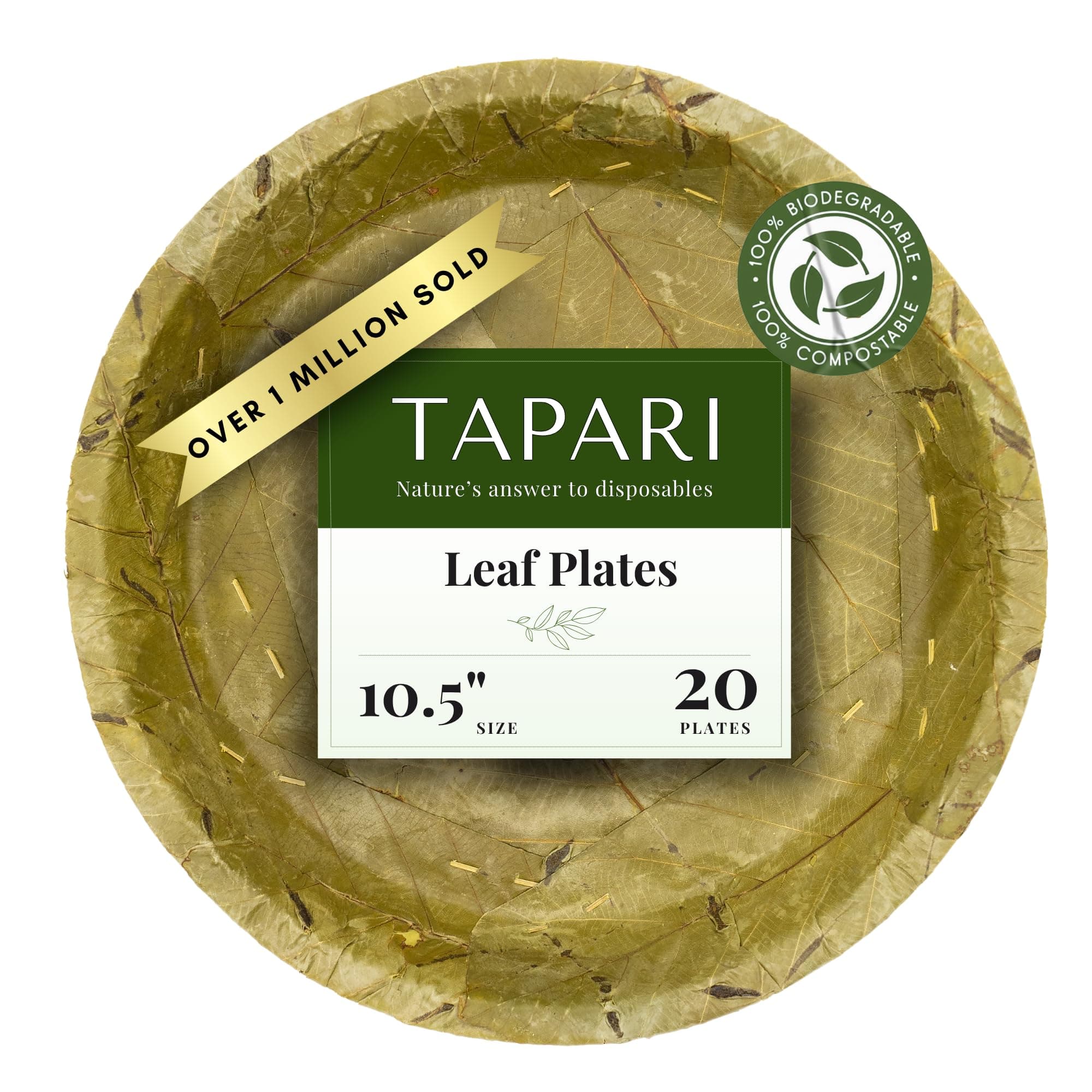 TAPARI Jumbo Disposable Plates - 20 Pack Jumbo Leaf Plates - 10.5 Inch Diameter - Strong & Eco-Friendly - 100% Compostable & Biodegradable Heavy Duty Disposable Plates - Bulk Party Plates - Sal Leaf
