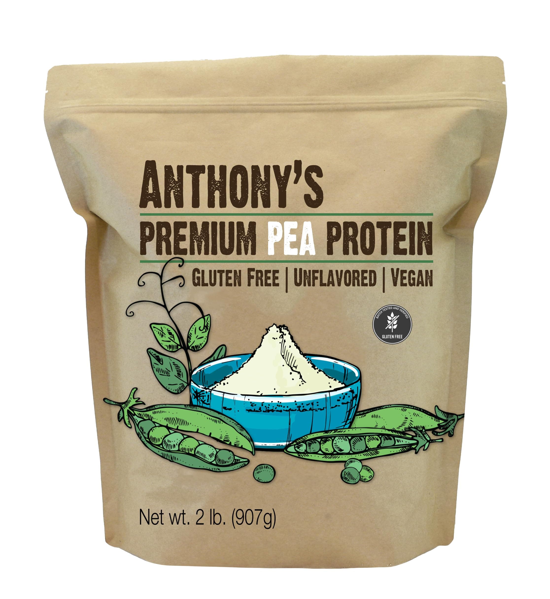Anthony's Premium Pea Protein, 2 lb, Plant Based, Gluten Free, Unflavored, Vegan, Keto Friendly