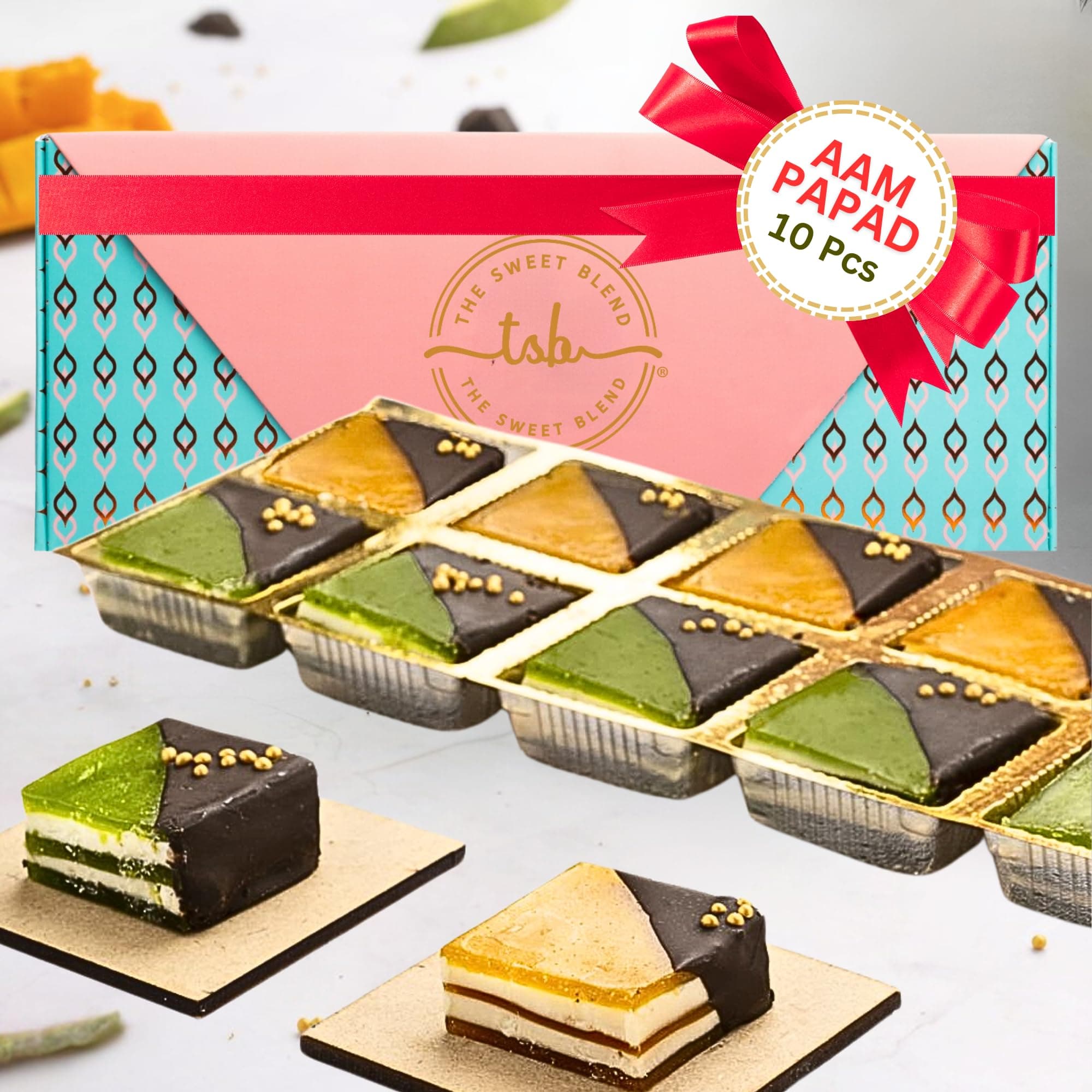 THE SWEET BLEND Assorted Sweets | Mango Bite, Khatta Meetha Aam Papad & Kaccha Aam with Chocolate | Sweet & Tangy Indian Mithai | Gift Hamper Box | 250 g (10 pcs) |Ideal for Diwali