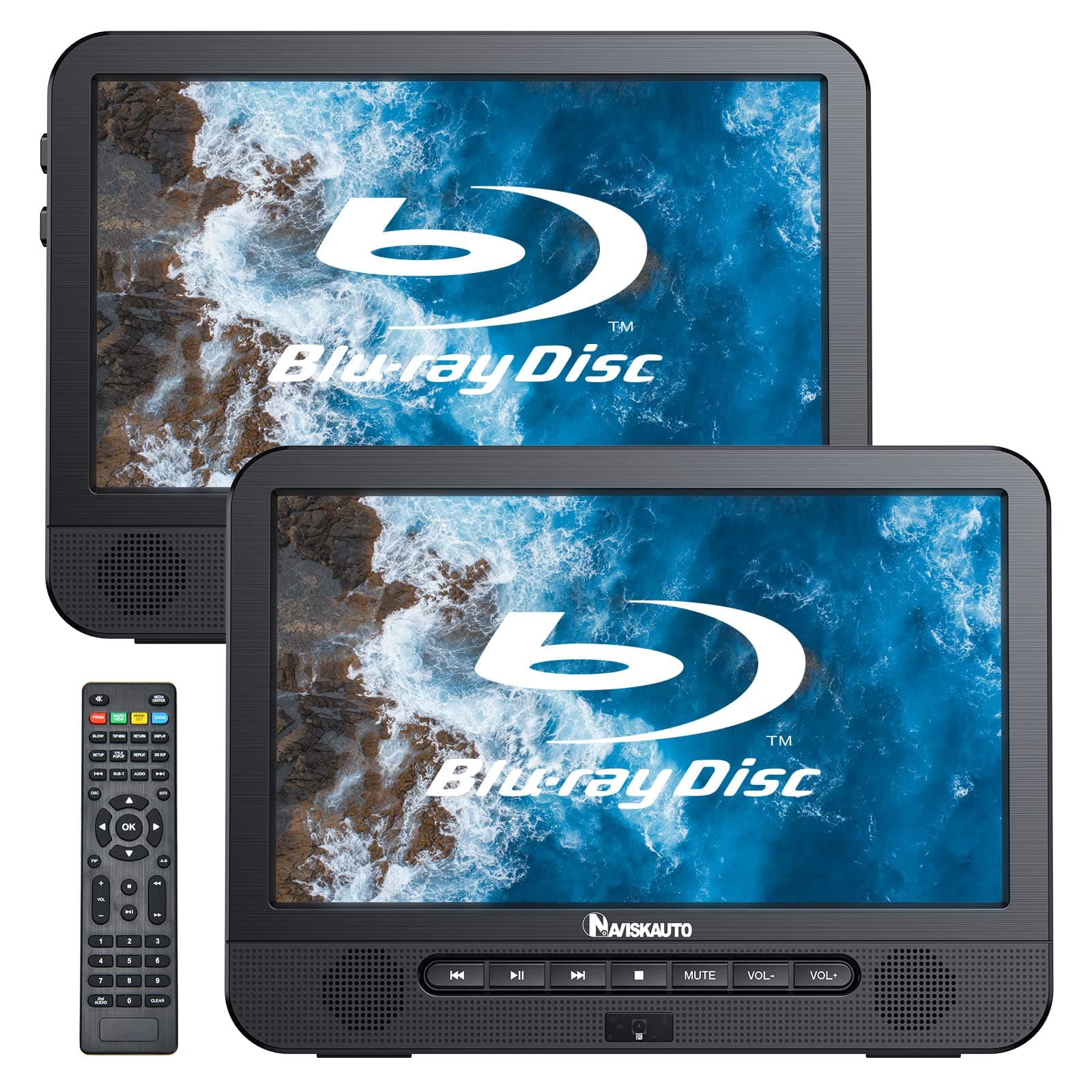 NAVISKAUTO 10.1'' Blu Ray Dual Car DVD Players with Rechargeable Battery Support 1080P Video, HDMI Out, Sync Screen, Dolby Audio, AV In & Out, USB SD (Host DVD Player + Slave Monitor)