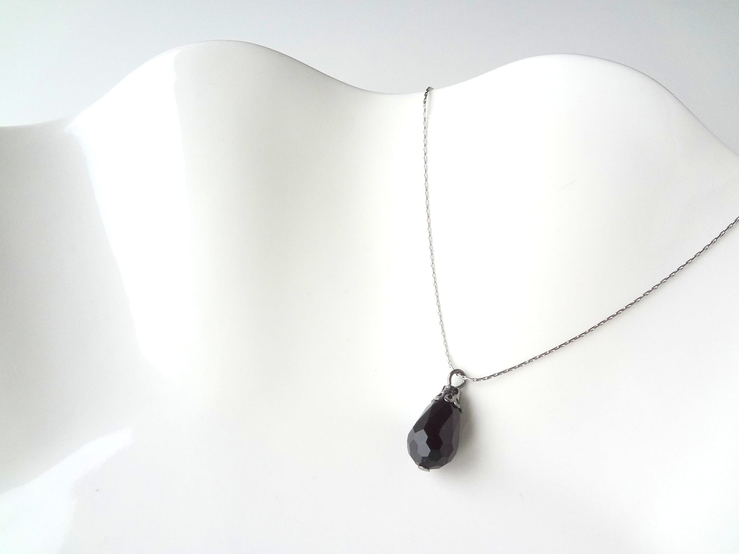 Black Glass Teardrop Necklace With Platinum Plated Chain