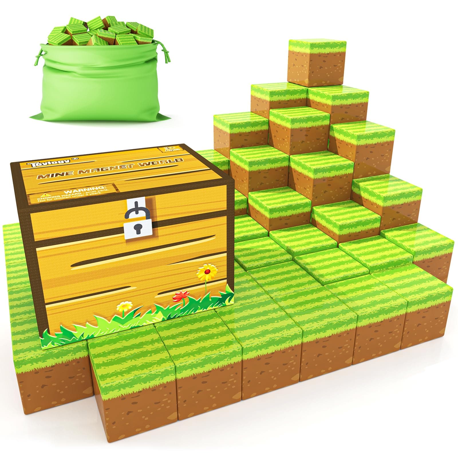 Magnetic Blocks-Build Mine Magnet World Grass Edition, Magnetic Toys for Boys & Girls Age 3-4 4-5 6-8, STEM Montessori Sensory Toys for Toddlers Gifts for 3+ Years Old Girls Boys