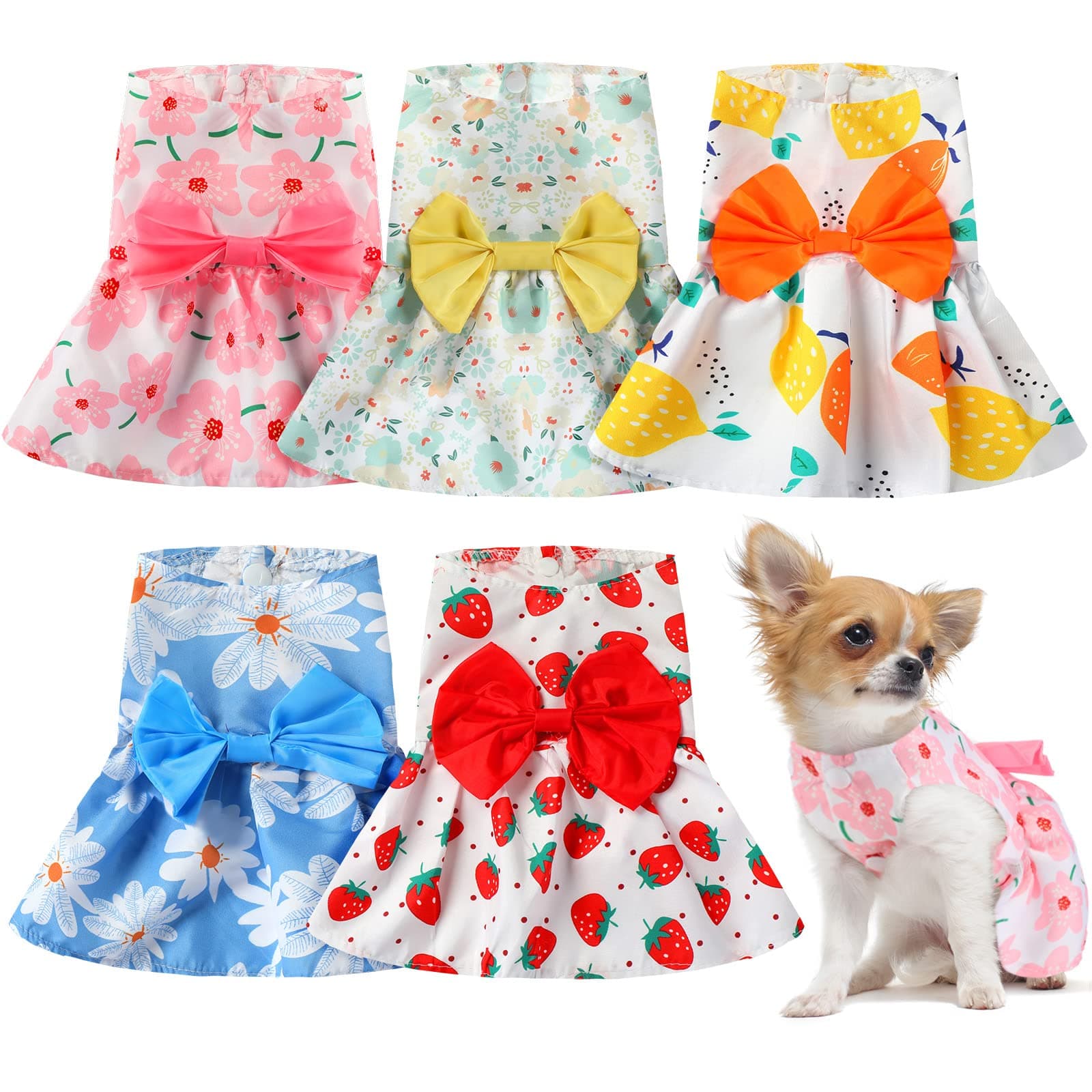 Saintrygo 5 Pieces Dog Princess Dresses for Small Dogs Girls Floral Puppy Dresses Bowknot Dress Cute Doggie Summer Outfits Clothes for Yorkie Female Cat Small Pets, 5 Styles(X-Small)