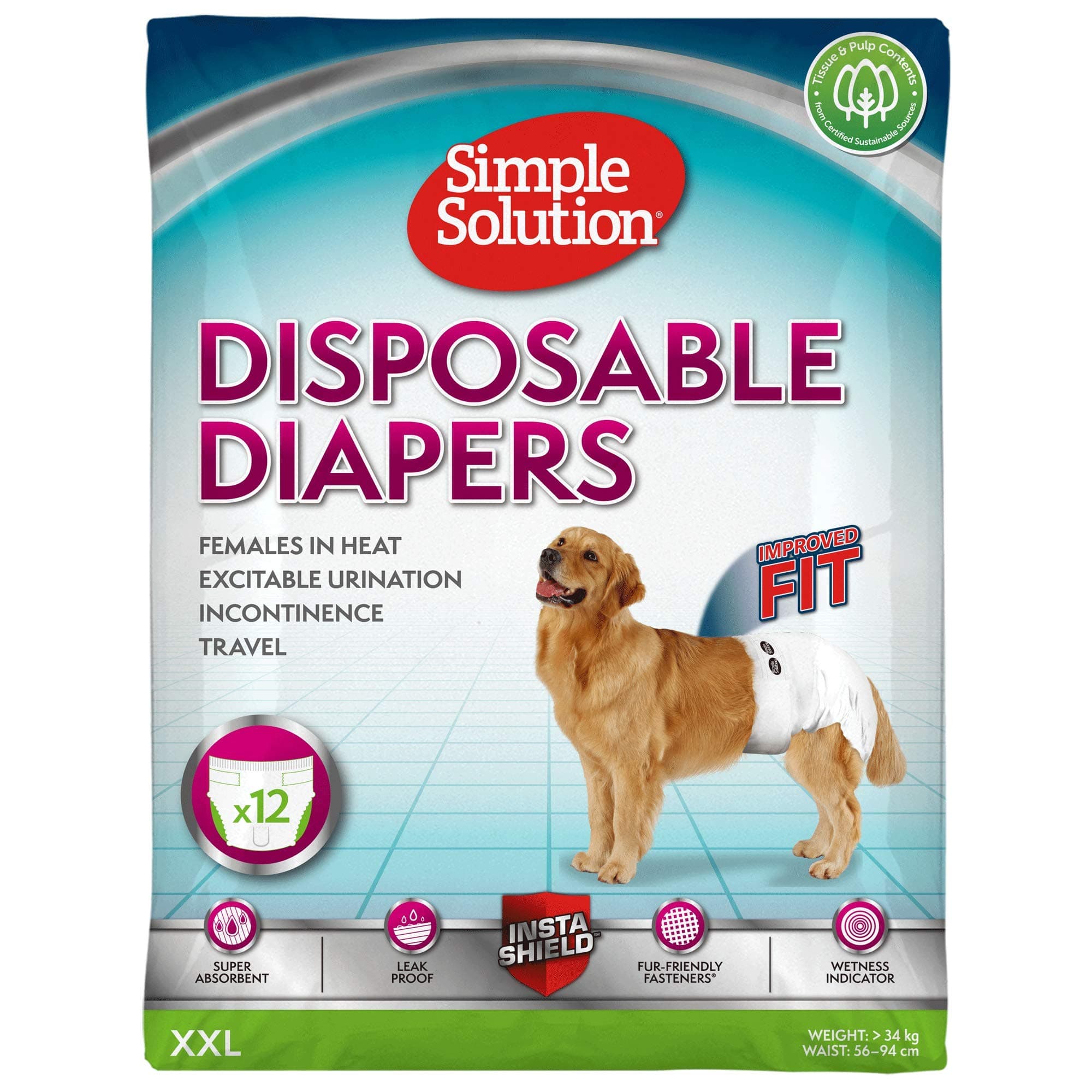 Simple Solution Disposable Female Dog Diapers, White, XXL Pack Of 12, X-Large