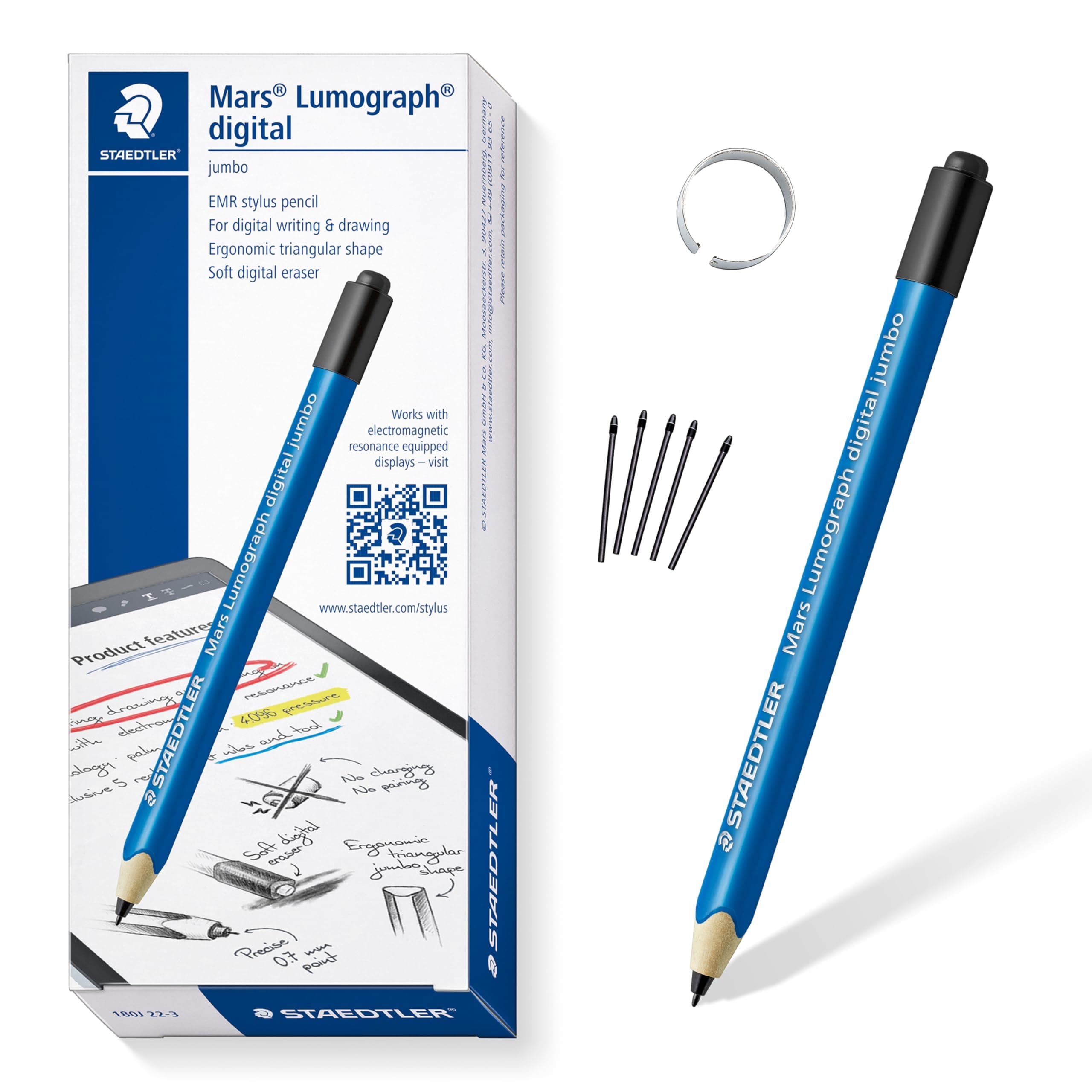 STAEDTLER Mars Lumograph Jumbo Digital Stylus Pen with Eraser: No Charging, EMR Palm Rejection, 4096 Pressure Sensitivity Levels, Natural Writing on Touchscreen Tablet, Laptop, Phone