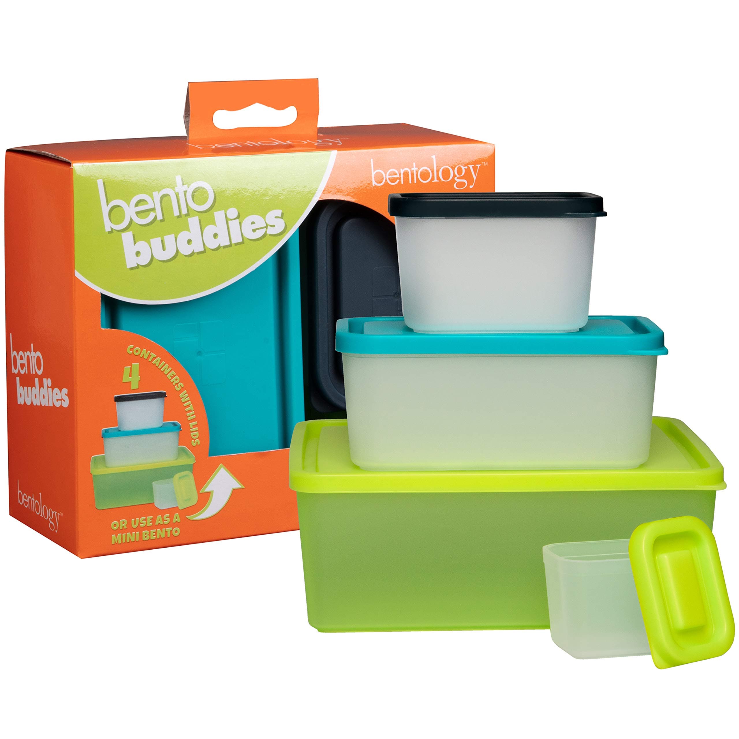 BentologySnack Buddies - Mini Bento Snack Lunch Box w 4 Portion Control Meal Containers and Lids - BPA, PVC Free, Food Safe – On-the-Go lunchbox - Lime