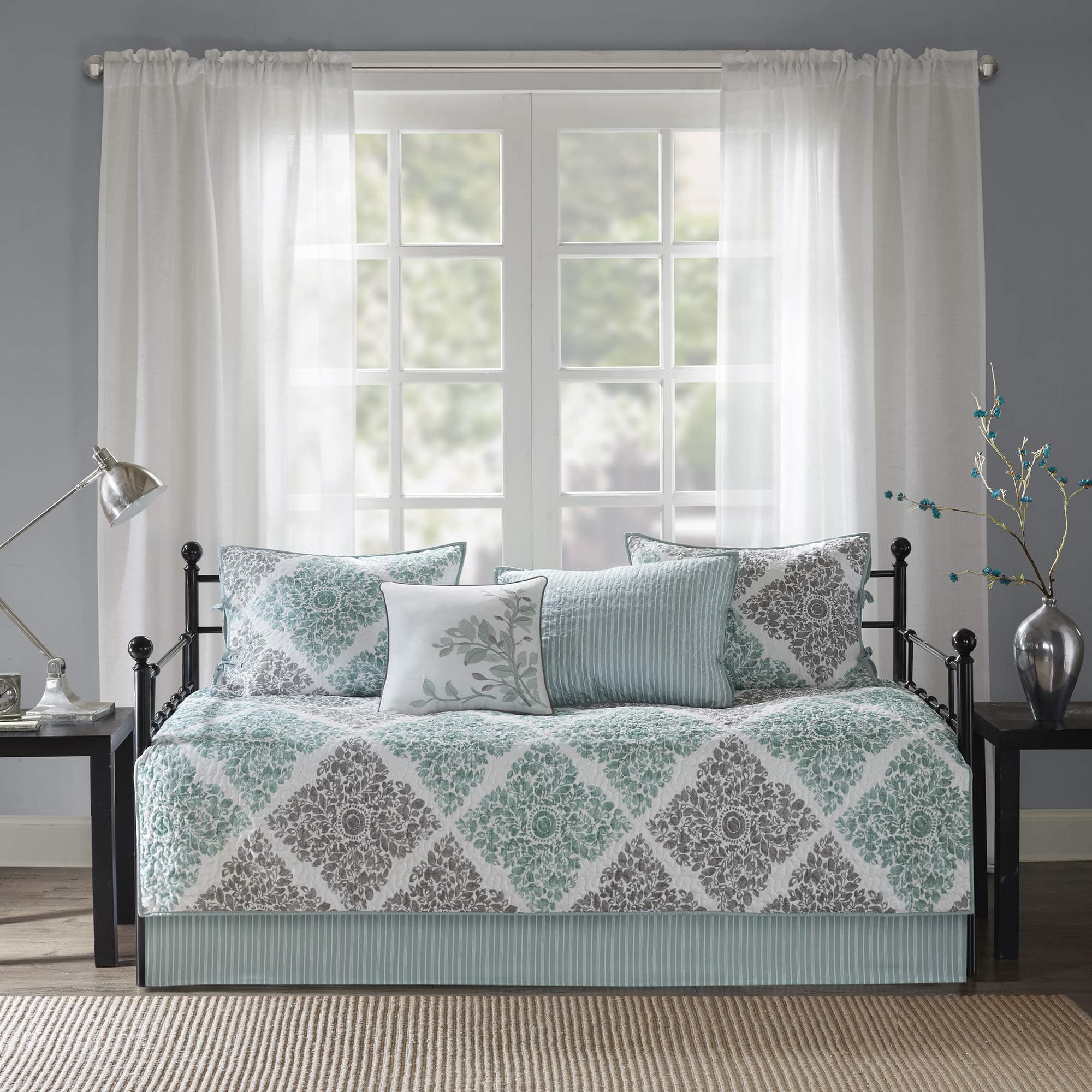 Madison Park Claire Daybed Size Quilt Bedding Set - Aqua, Grey, Leaf Geometric – 6 Piece Bedding Quilt Coverlets – Ultra Soft Microfiber Bed Quilts Quilted Coverlet