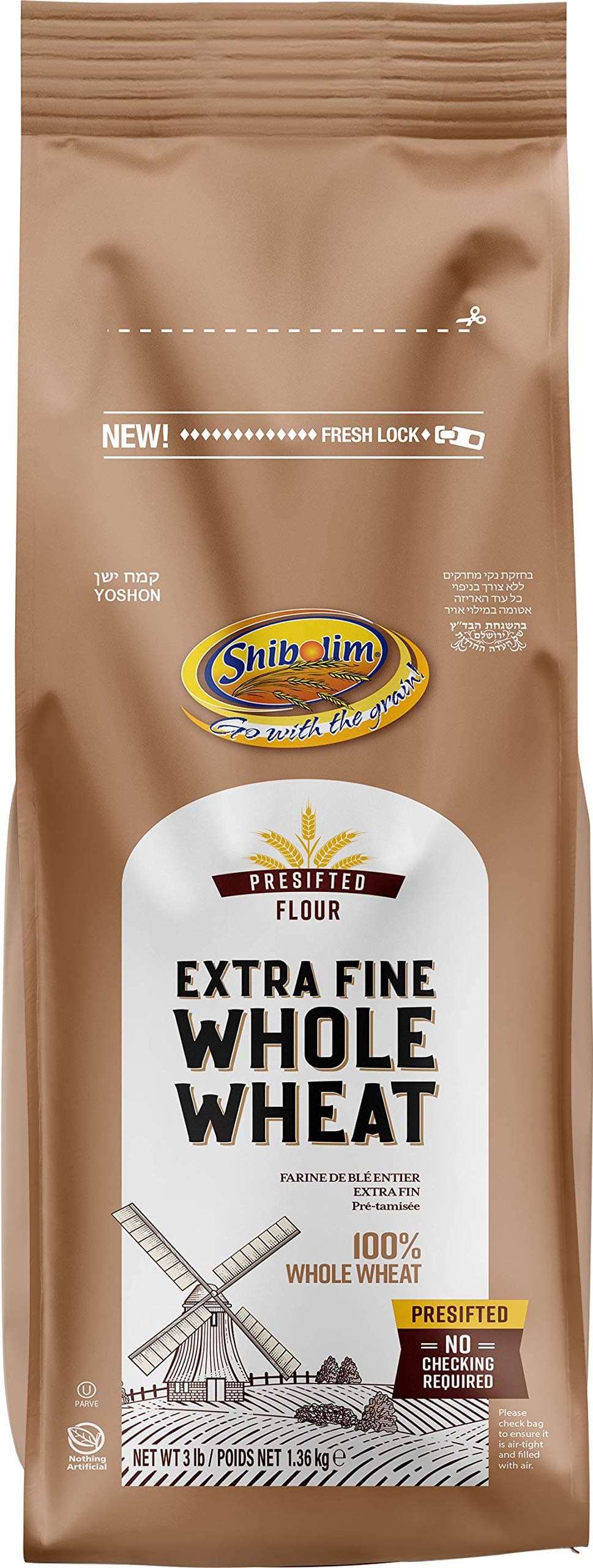 Shibolim, Extra Fine, Stone Ground Whole Wheat Flour, 3lb Resealable Bag, 100% Whole Grain, Premium Quality