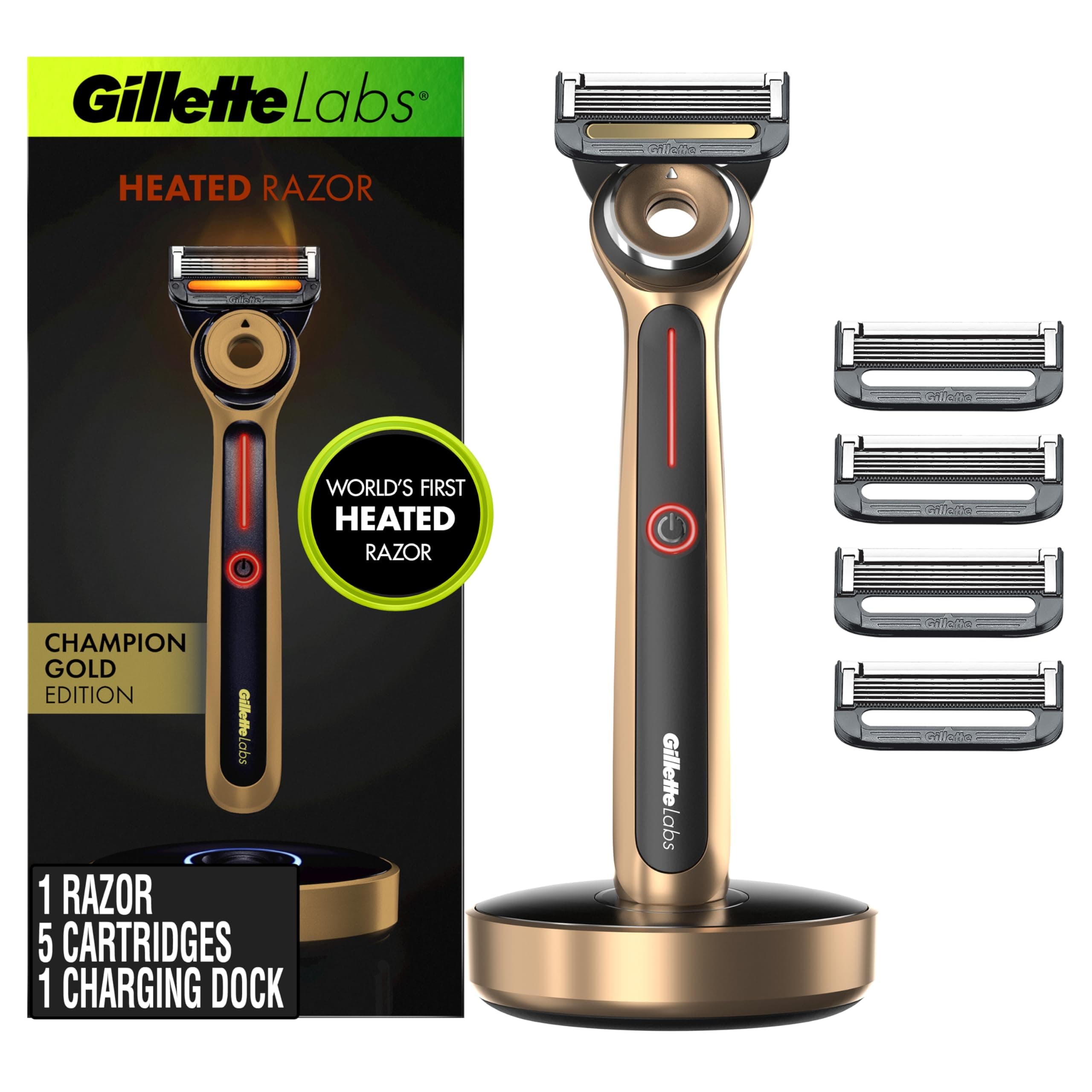 Gillette Labs Heated Razor Gold Edition - 1 Handle, 5 Blade Refills, 1 Charging Dock
