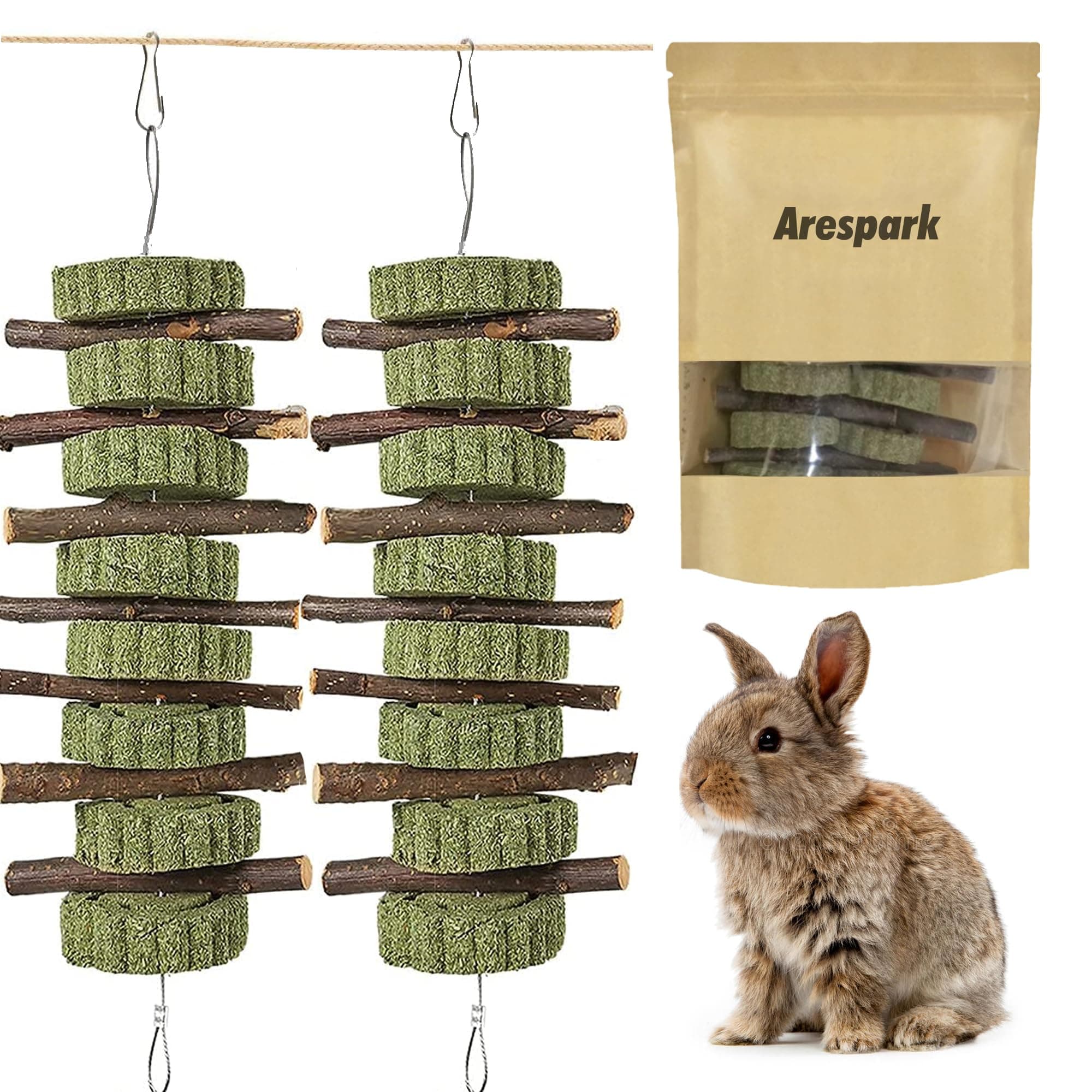 Arespark - Pack2 Rabbit Chew Toys, Organic Rabbit Toys, Apple Wood Branches/Timothy Hay Straw Cakes, Grind Teeth