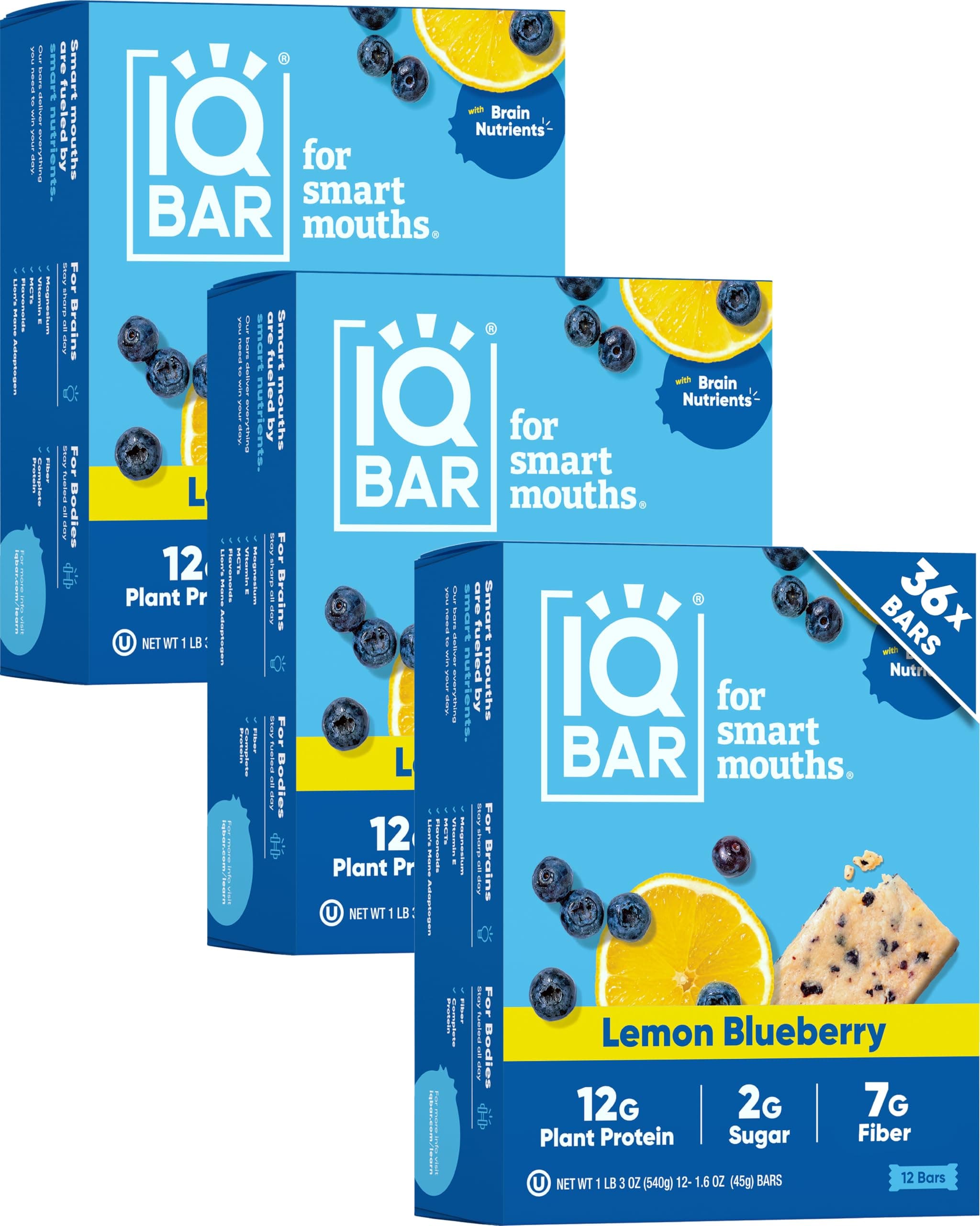 IQBAR Brain and Body Plant Protein Bars - Lemon Blueberry - 36-Count - Keto, Vegan, Low Carb, High Fiber, Gluten Free, Dairy Free, Low Sugar Snack with Nutrients for Focus, Energy, Meal Replacement