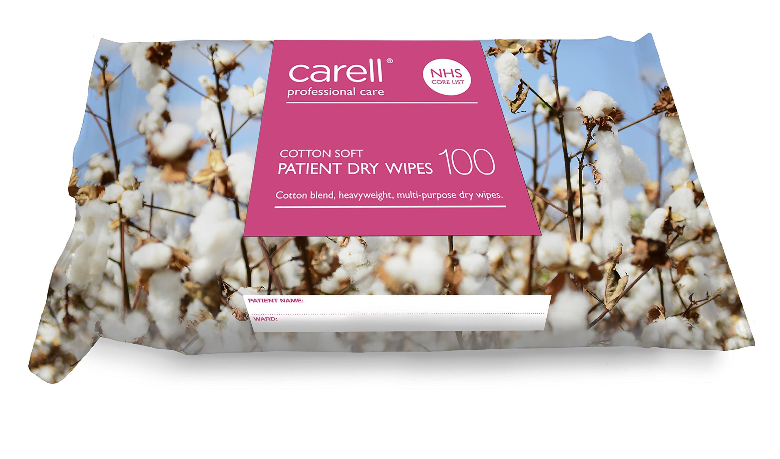 Carell Patient Dry Wipes - Cotton Soft - Pack of 100 Wipes - Durable, Soft and Absorbent, Multi-Purpose Cleansing Wipes