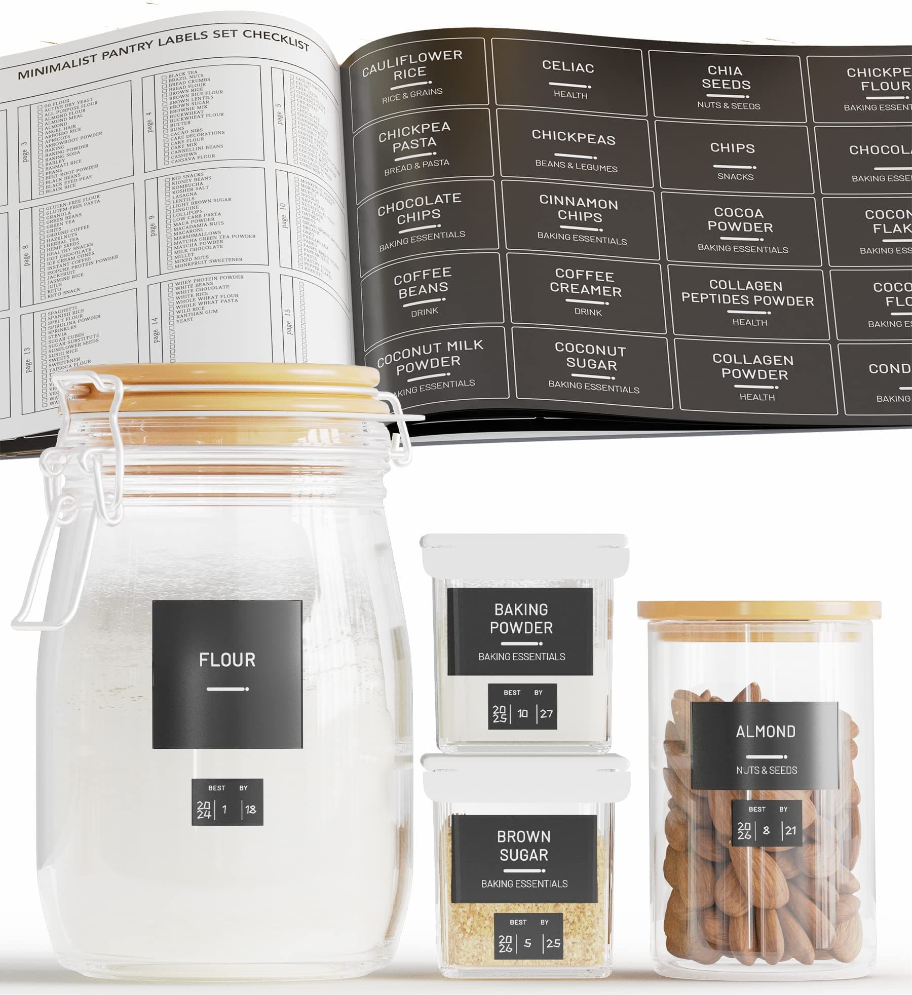 284 Pantry Labels with 112 Expiration Date Labels for Food Containers, Preprinted Stickers Booklet for Storage Bins, Minimalist Kitchen Labels for Organizing