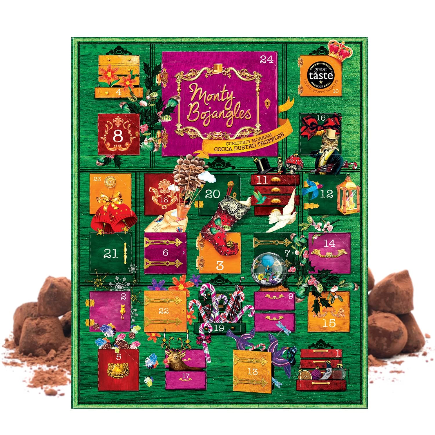 Monty Bojangles 2024 Advent Calendar of Cocoa Dusted Chocolate Truffles | 7 Flavour Assortment of 29 Truffles, 250g