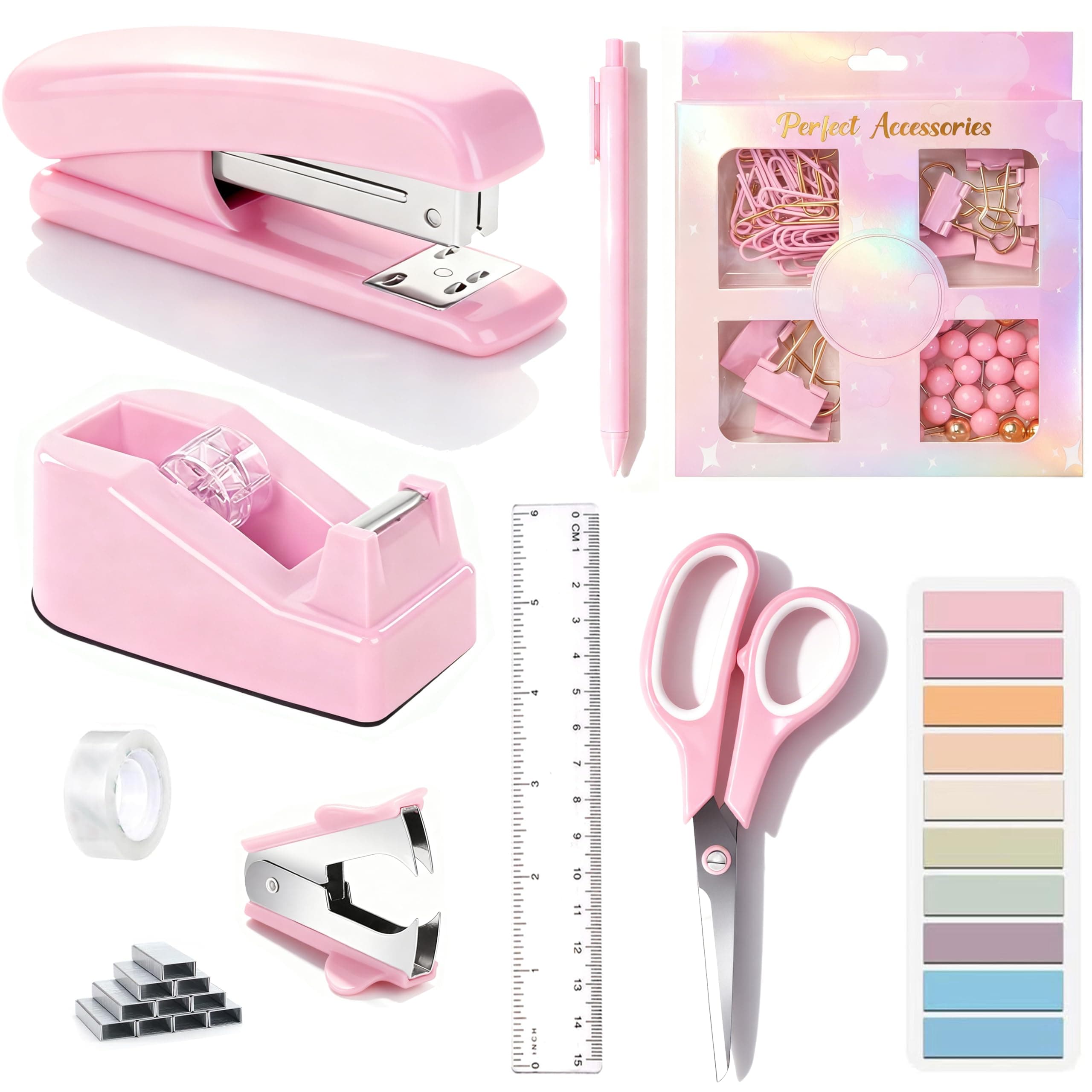 Pink Desk Accessories, Pink Office Supplies Accessories with Tape Dispenser, Stapler, Staple Remover, 1000 Staples, Tape, Clips Set, Ruler, Scissor, Pen