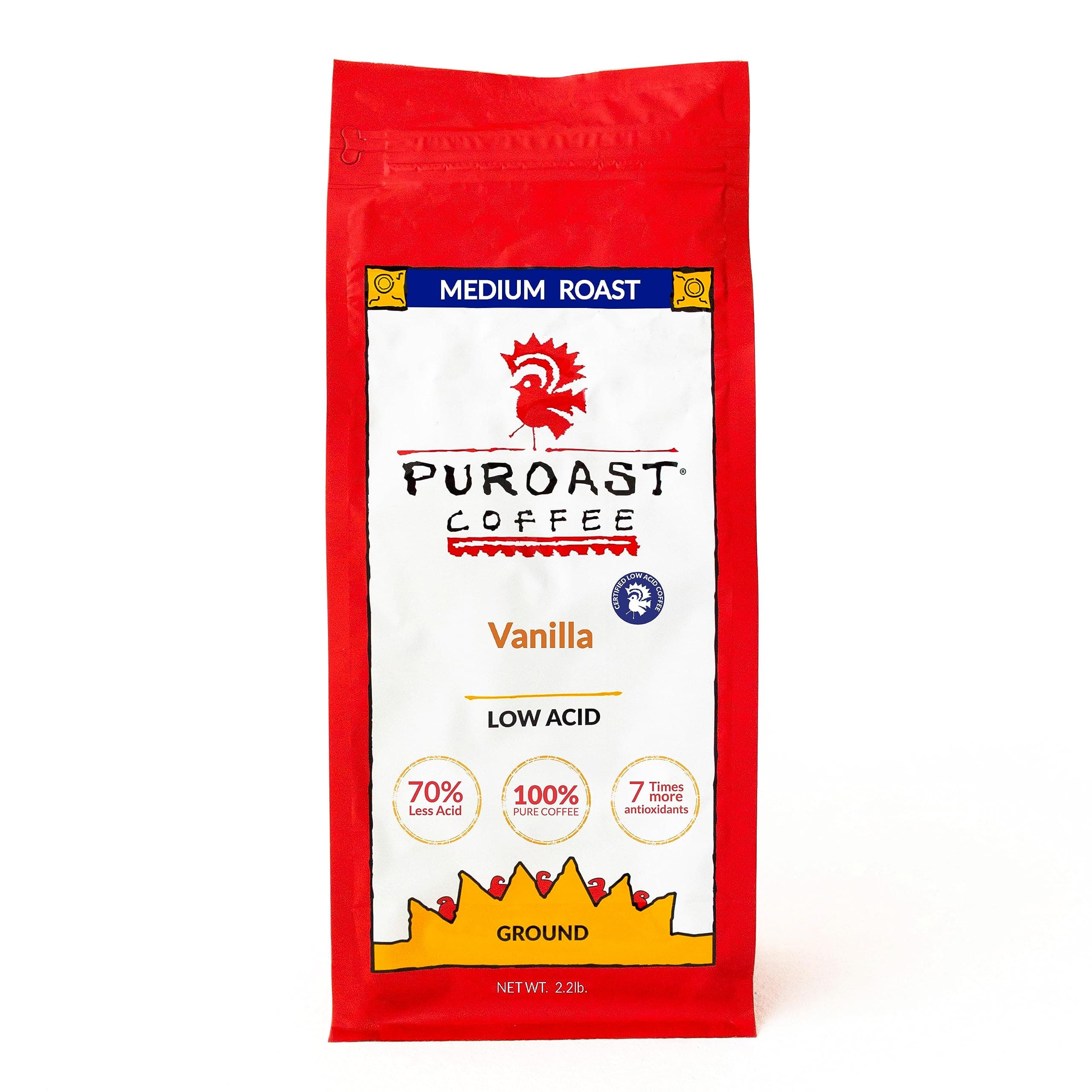 Puroast Low Acid Coffee Flavored Coffee | Vanilla Ground | Medium Roast | High Antioxidants & High pH |No Bitter Aftertaste | Reduced Heartburn & GERD | Suitable for Cold Brew - 2.2 LB