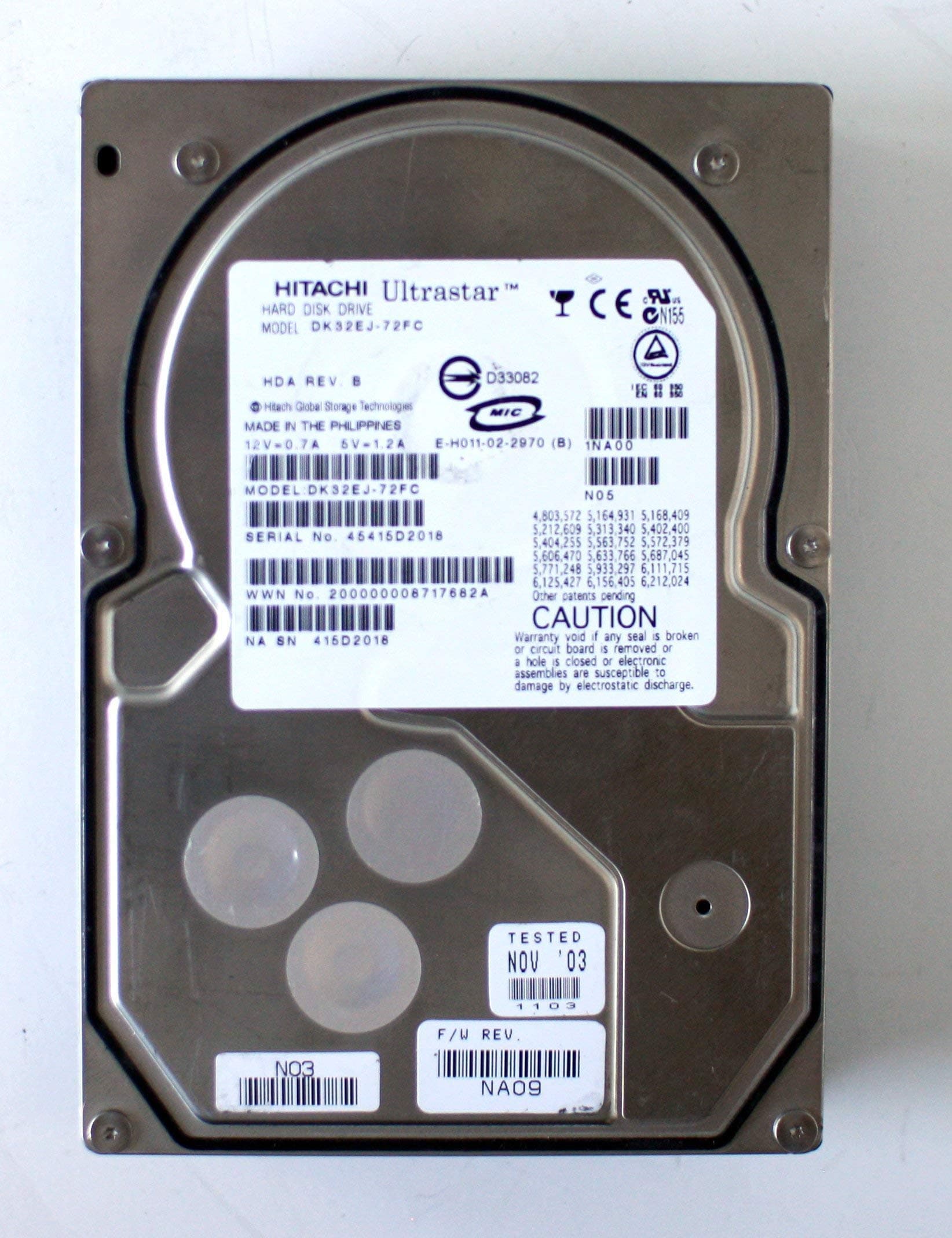 HITACHI HDD, 73.9GB, ULTRASTAR DK32EJ-72FC, HDA REV.B, FW NA09