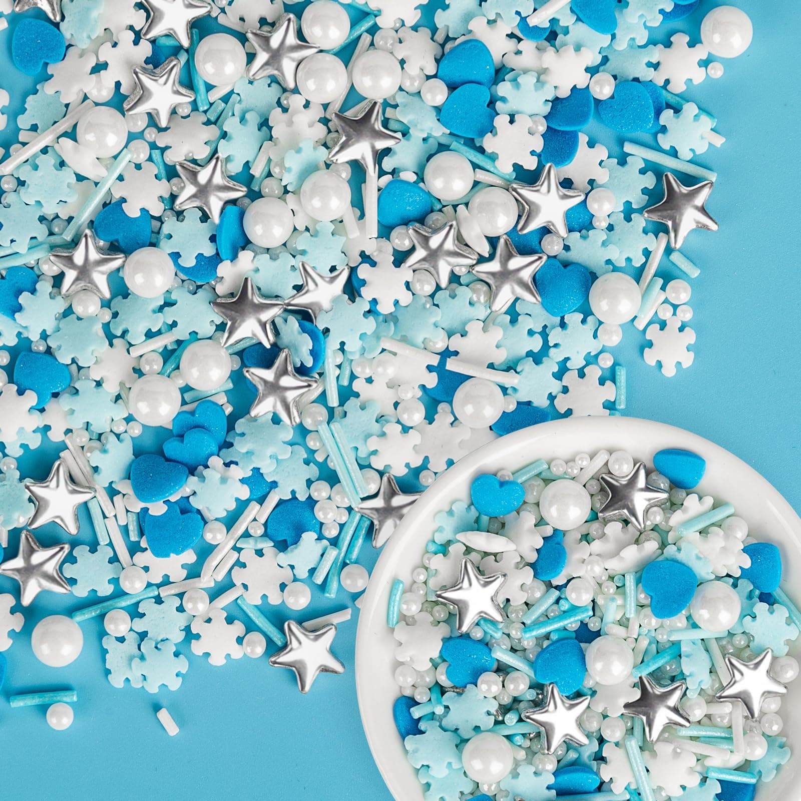 Edible Snowflake Sprinkles,Frozen Sprinkle for Cake,Blue Heart White Snowflake Silver Star Pearl Jimmies Mix,130g/4.58oz,Winter Snow Sugar Pearls Sprinkles for Decorations Baking,Cake Ice Cream Cookies Cupcake Topper Chocolate,Birthday Children Easter Party Dessert Decorating