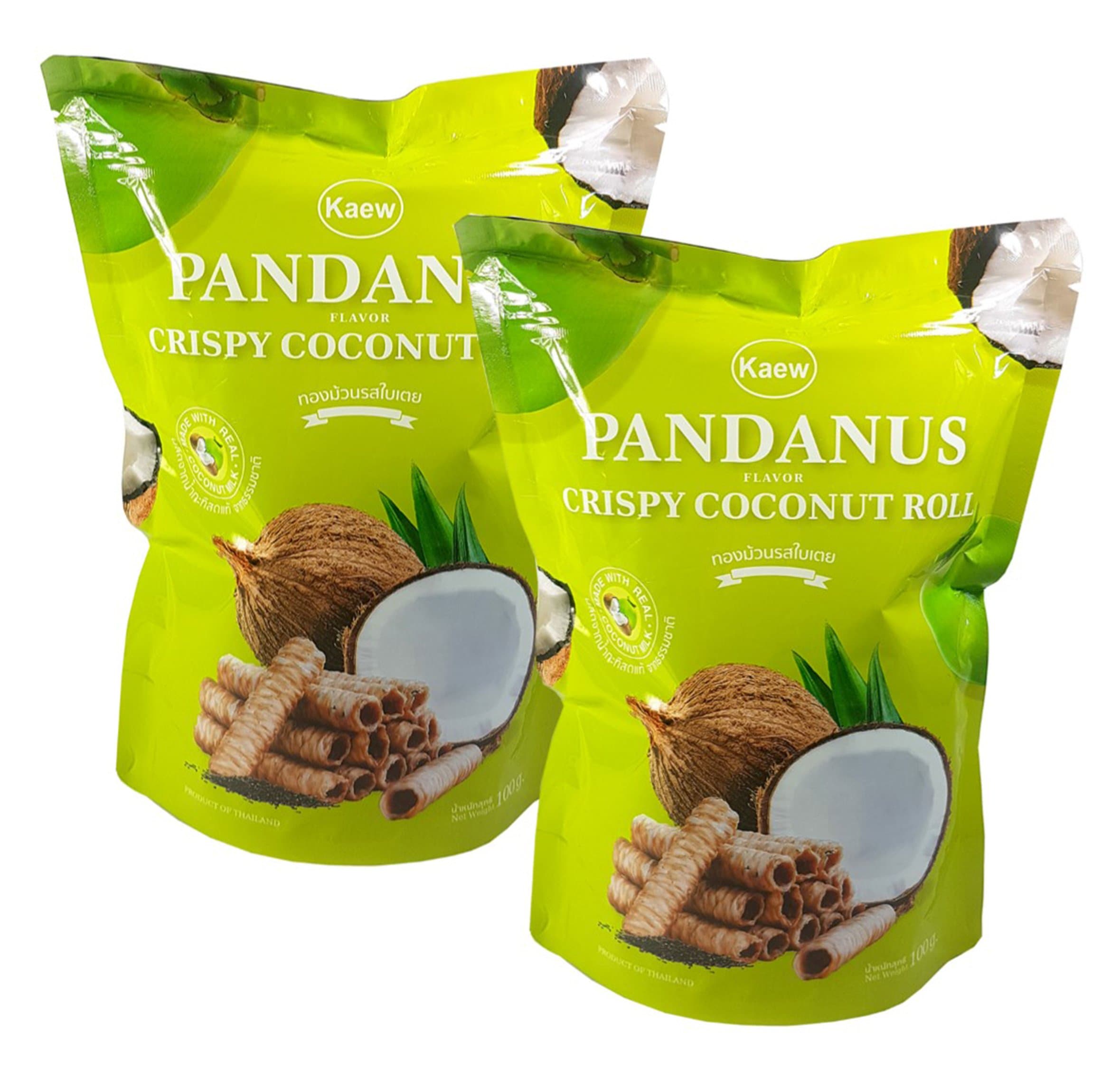 Kaew Thai Pandanus Crispy Coconut Roll Pandan Flavor 100 g. (Pack of 2)