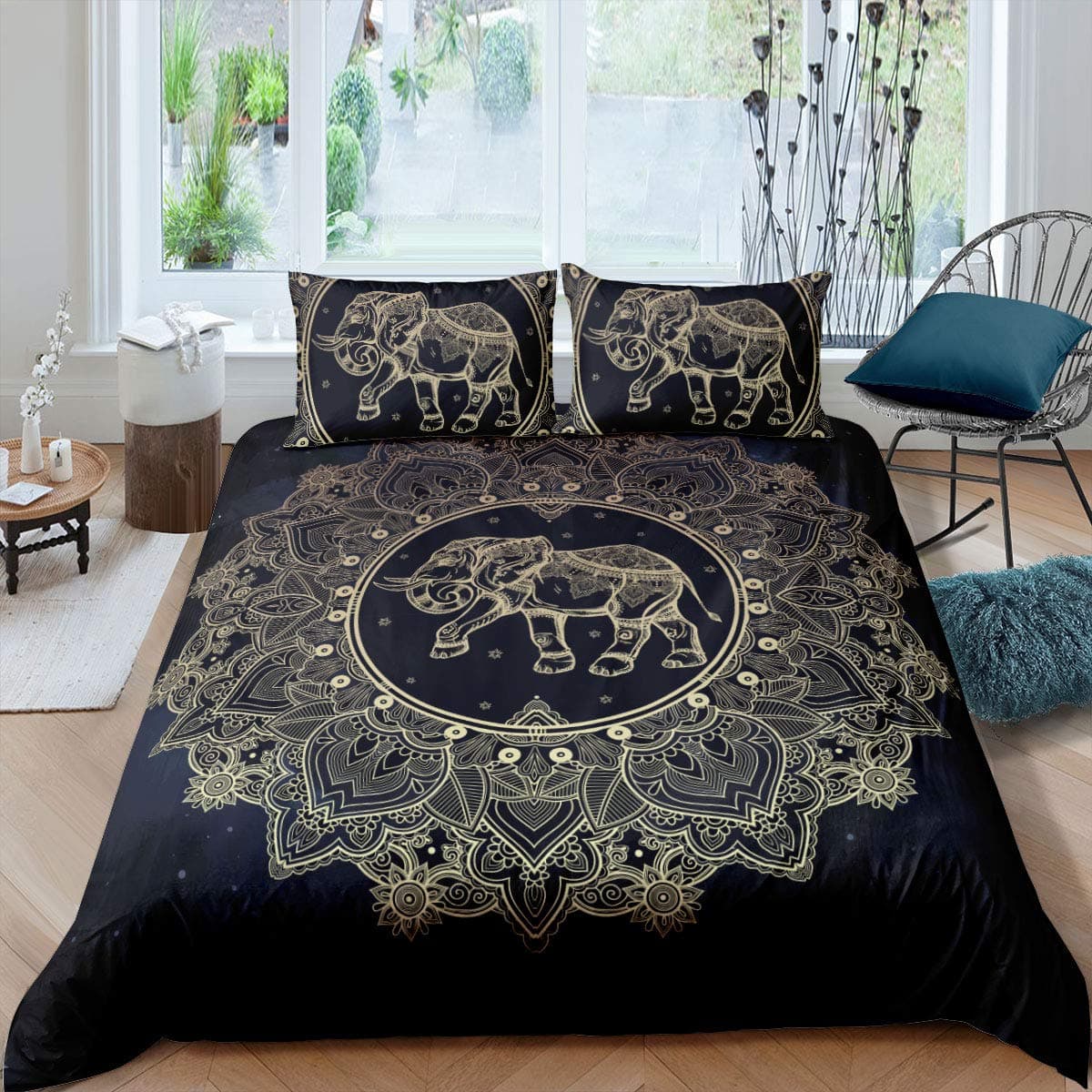 Feelyou Queen Duvet Cover Set Bohemian Cute Elephant Mandala Bedding Set Black Golden Boho Comforter Cover with Pillow Shams Kids Teens Adults Quilt Cover Set 3Pcs Floral PrintOEKO-TEX STANDARD 100