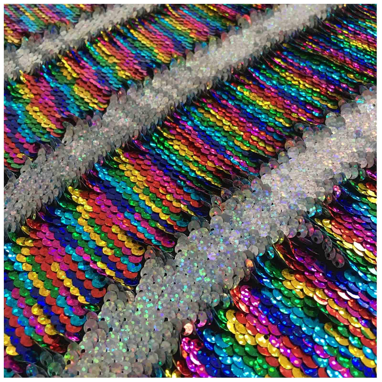 1Yard Flip Up Sequin Fabric Reversible-Rainbow Laser Silver Mermaid Sequin Fabric Flip Up Two Way Stretch Shimmer for Evening Dress/Wedding Party Decoration