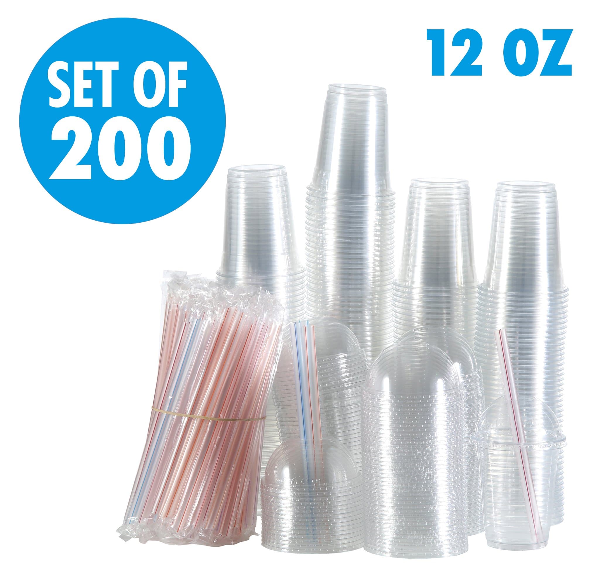 Set of 200 12oz Clear Plastic Cups with Dome Lids, Smoothie Wide Large Straw, Cold Smoothie Iced Coffee Cup with Lids, Great for Cocktail, Juice, Teas, Clear Frozen Drink Beverage (12oz, Dome)