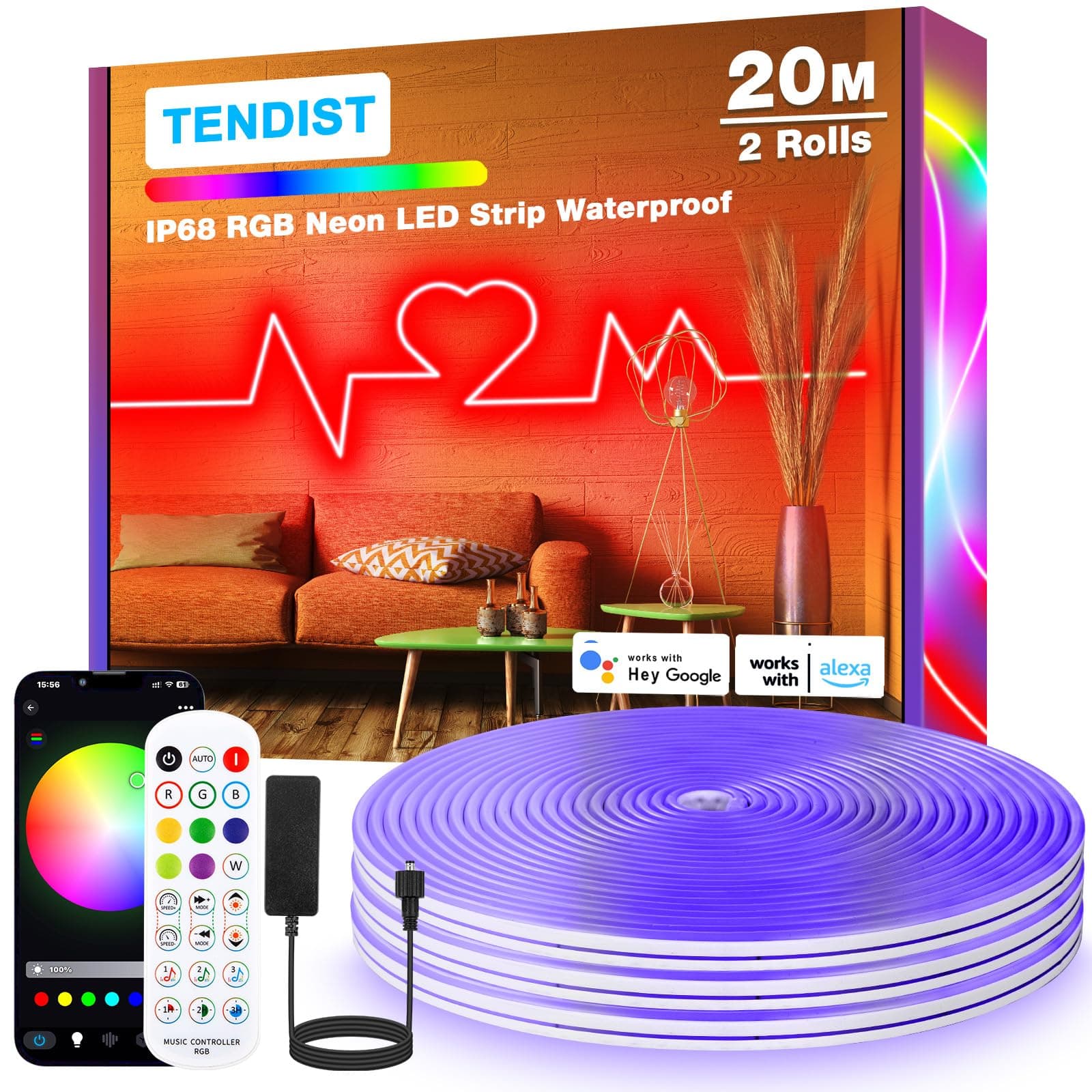 TENDIST 20M RGB Neon LED Strip for Outdoor, IP68 Waterproof WiFi Flexible Neon LED Strip Compatible with Alexa, 24V DIY Music Sync Neon Lamp for Bedroom, Party, Patio, Outdoor Decoration