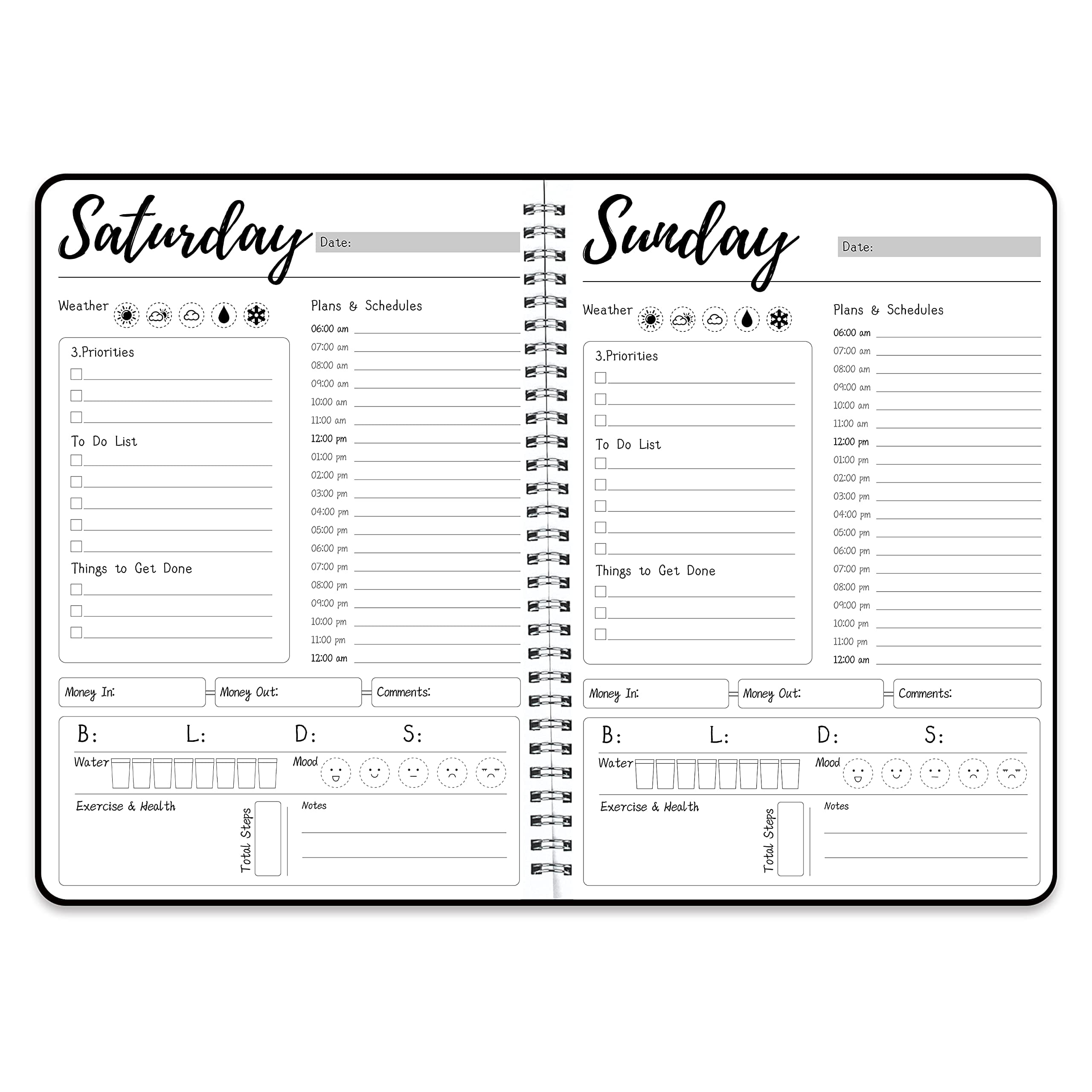 Weekly Work Planner with Hourly Schedules, To Do List, Tasks, Expense Tracker 7 Days Daily Planner Self-Care for Organizing Meals, Water Take-in, Mood, Exercise & Health, 10 x 7.3 inches