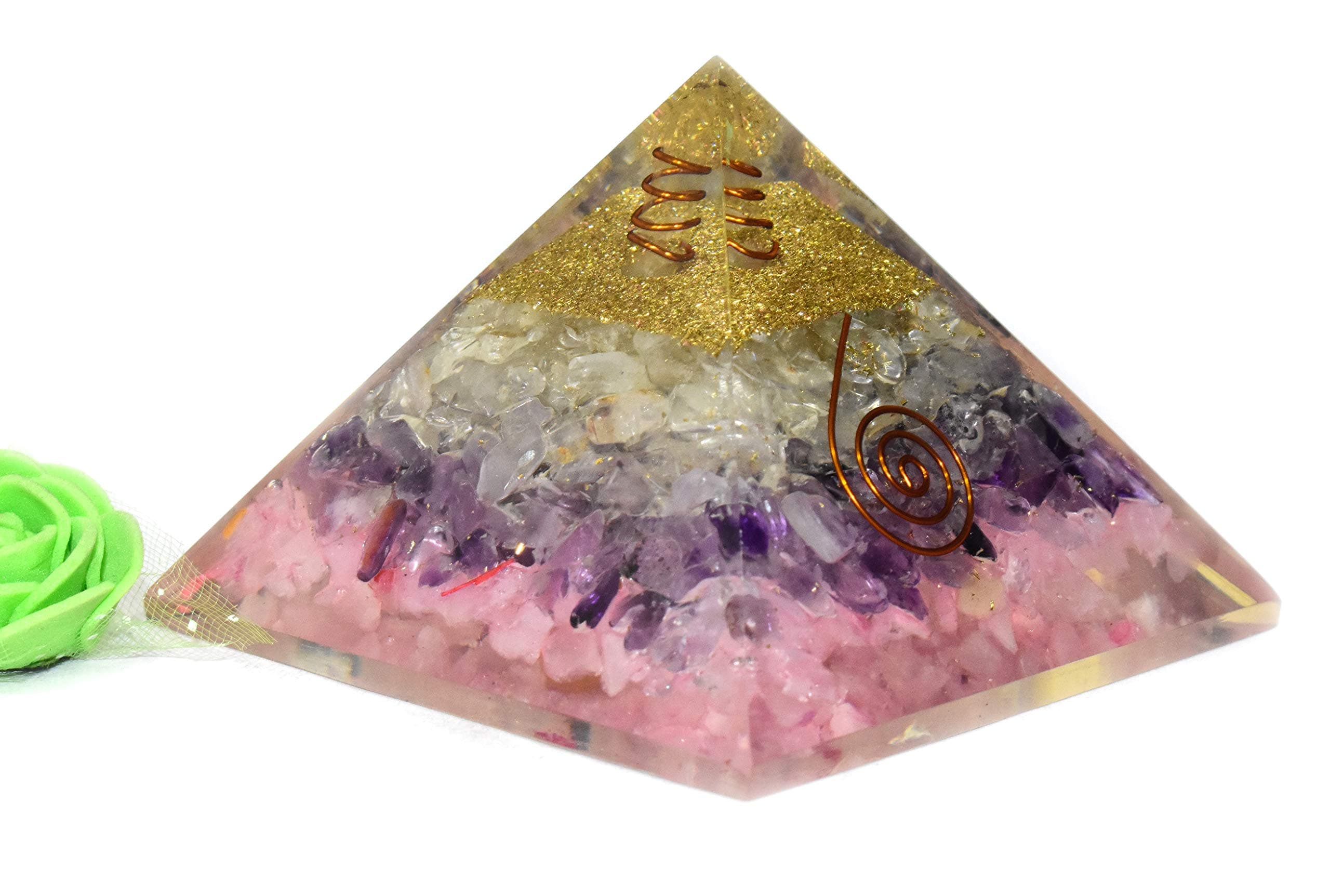 Pyramid Tatva Orgonite Pyramid - Rose Quartz + Amethyst + Clear Quartz Orgonite Size - 3-3.5 inch Natural Chakra Balancing Healing Crystal Stone
