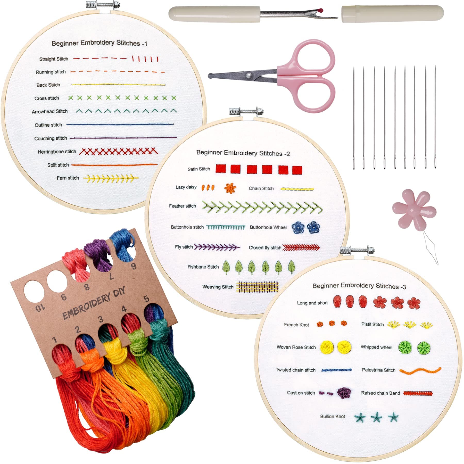 Bonroy Beginners Embroidery Practice kit 3 Sets to Learn 30 Different Stitches for Craft Lover Hand Stitch with Embroidery Fabric with Skill Techniques