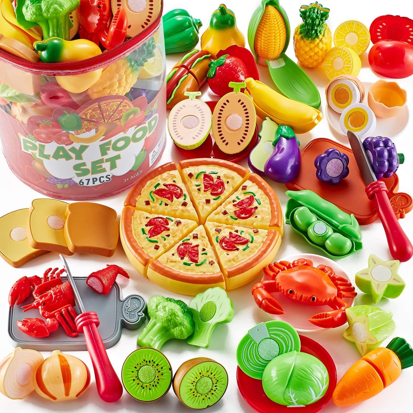 Shimirth67Pc Pretend Play Food Sets for Kids Kitchen, Pizza Toy Food & Cutting Fake Food - Fruits & Vegetables, Play Kitchen Toys Accessories, Pretend Food Toys for Toddlers Boys Girls Birthday Gift