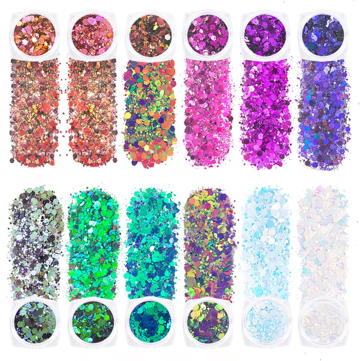 12 Colors Face Glitter, Holographic Cosmetic Festival Chunky Glitter, Festival Cosmetic for Body Eye Hair Nail and Painting DIY Art