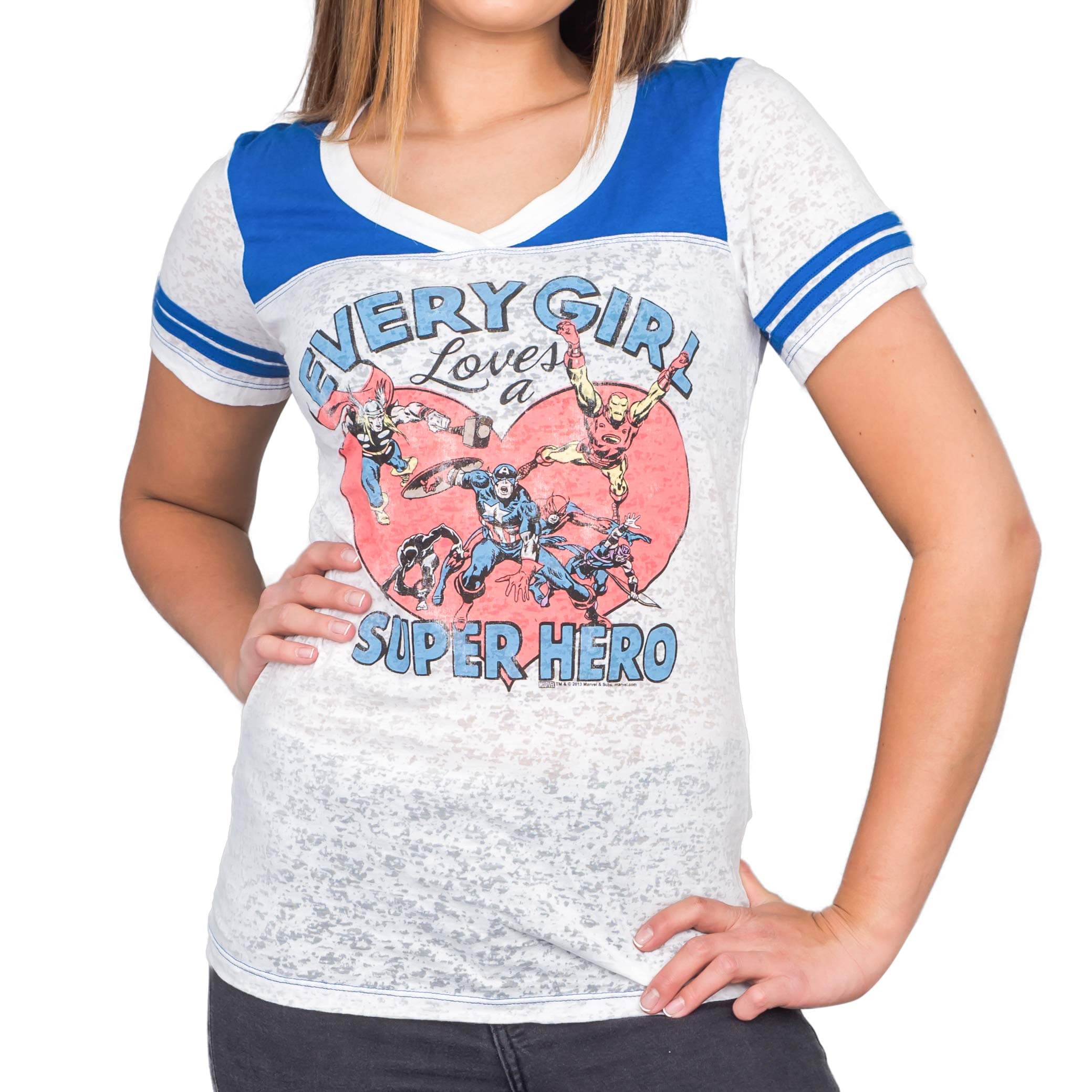 True Vintage Every Girl Loves a Super Hero Juniors Burnout White & Blue T-Shirt