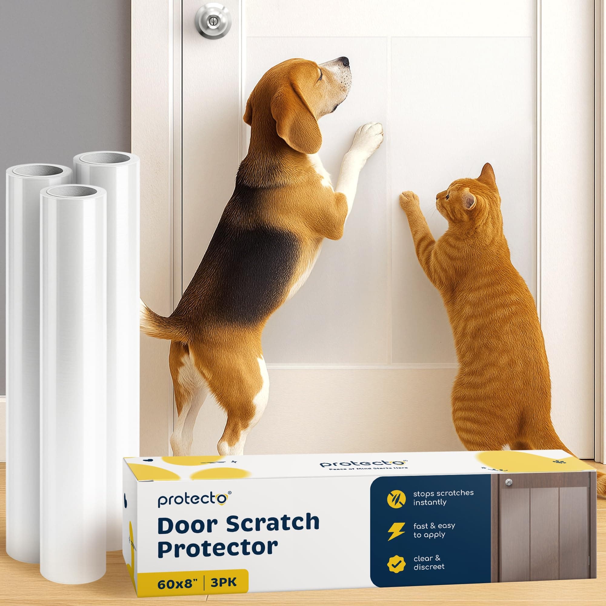 PROTECTO Cat & Dog Scratch Door Protector w/Utility Knife - 3Pack 60x8 Clear Wall Protector for Pet Scratching - Sticky and Self-Adhesive Deterrent Vinyl Surface - Easy Customization & Installation